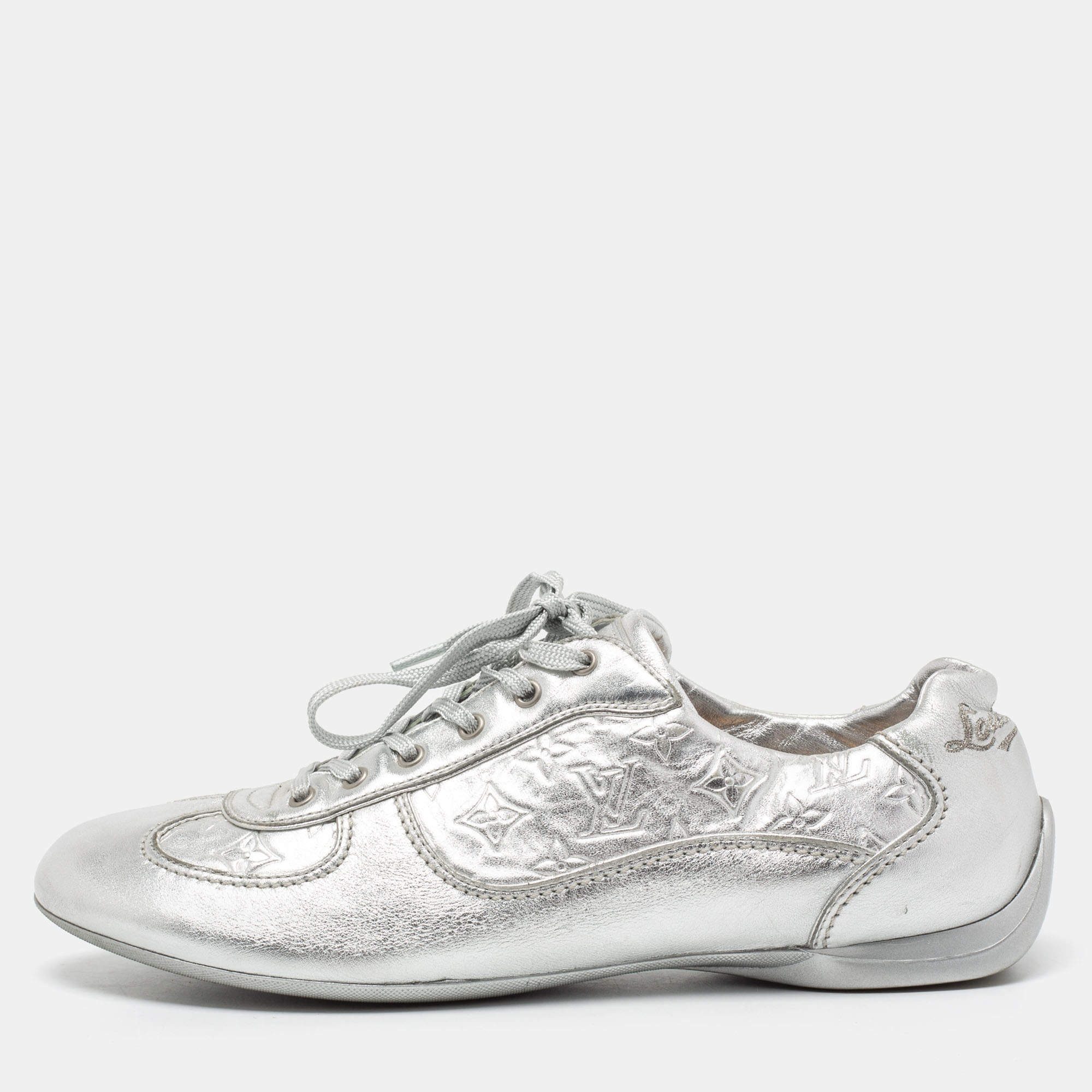Pre Owned Louis Vuitton Metallic Silver Monogram Leather Trainers Lace Up Low Top Sneakers Size 38