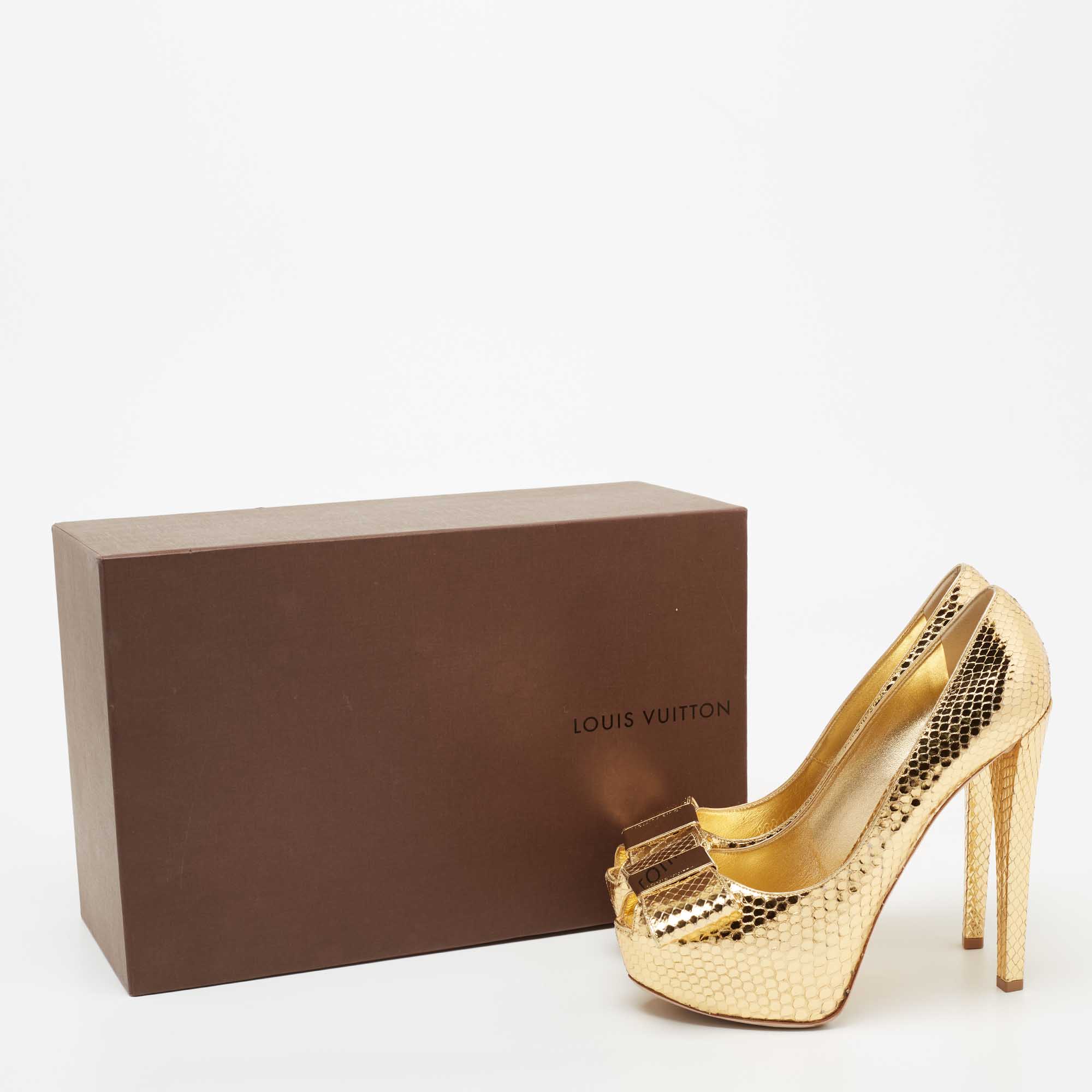 Louis Vuitton Metallic Gold Python Peep Toe Platform Pumps Size 38