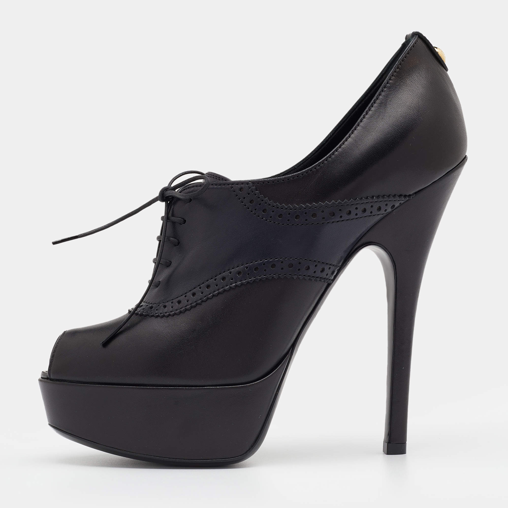 Pre Owned Louis Vuitton Black/Navy Blue Leather Peep Toe Platform Lace Up Booties Size 39