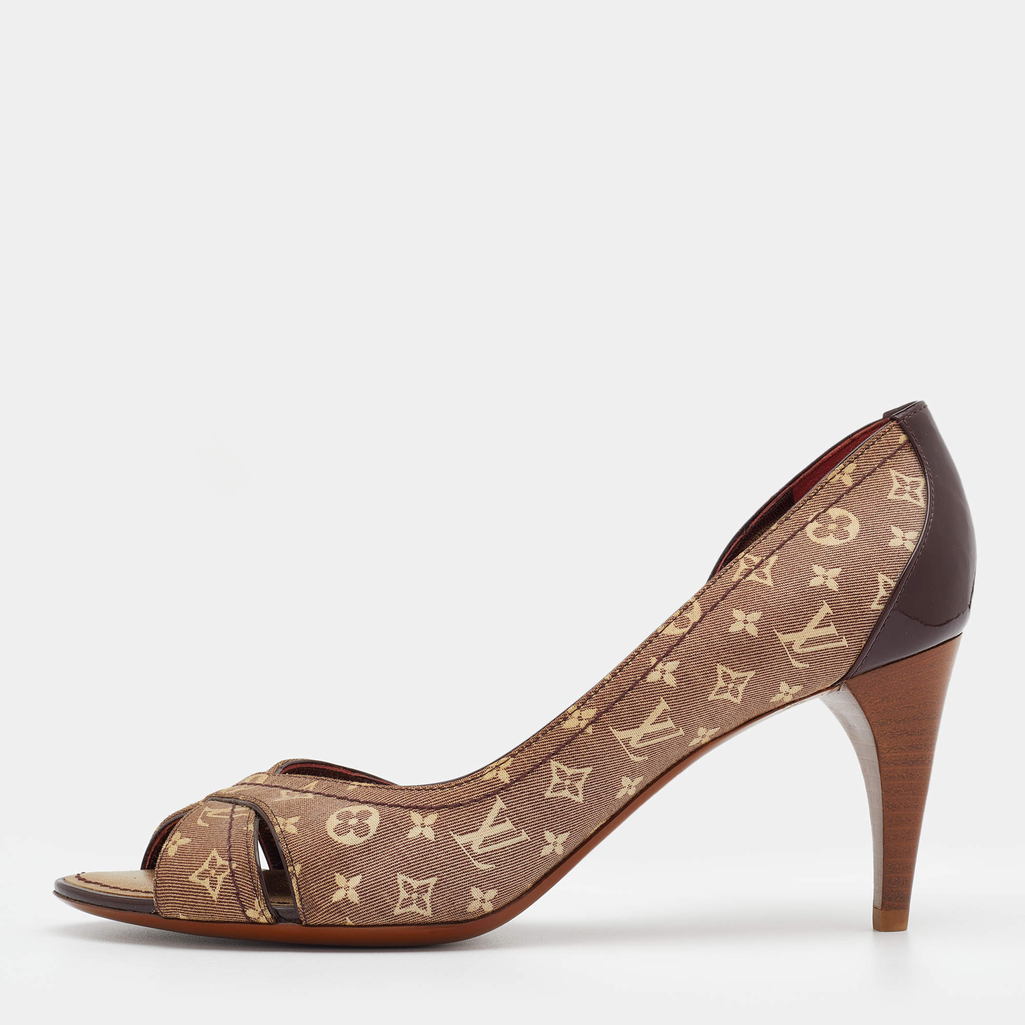 مملوكة مسبقًا Louis Vuitton Brown/Beige Mini Lin Canvas And Patent Leather D'orsay Open Toe Pumps Size 37