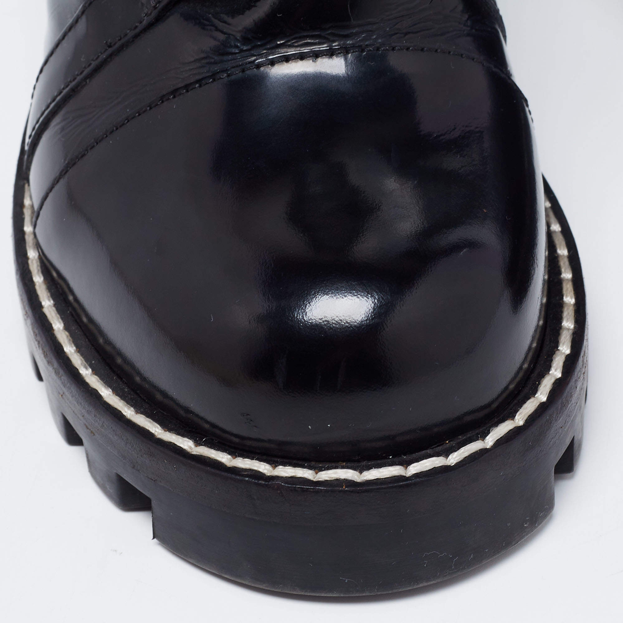 Louis Vuitton Shoe Size 39 Black Suede Block Heel Lace Up Patent Detail Boots