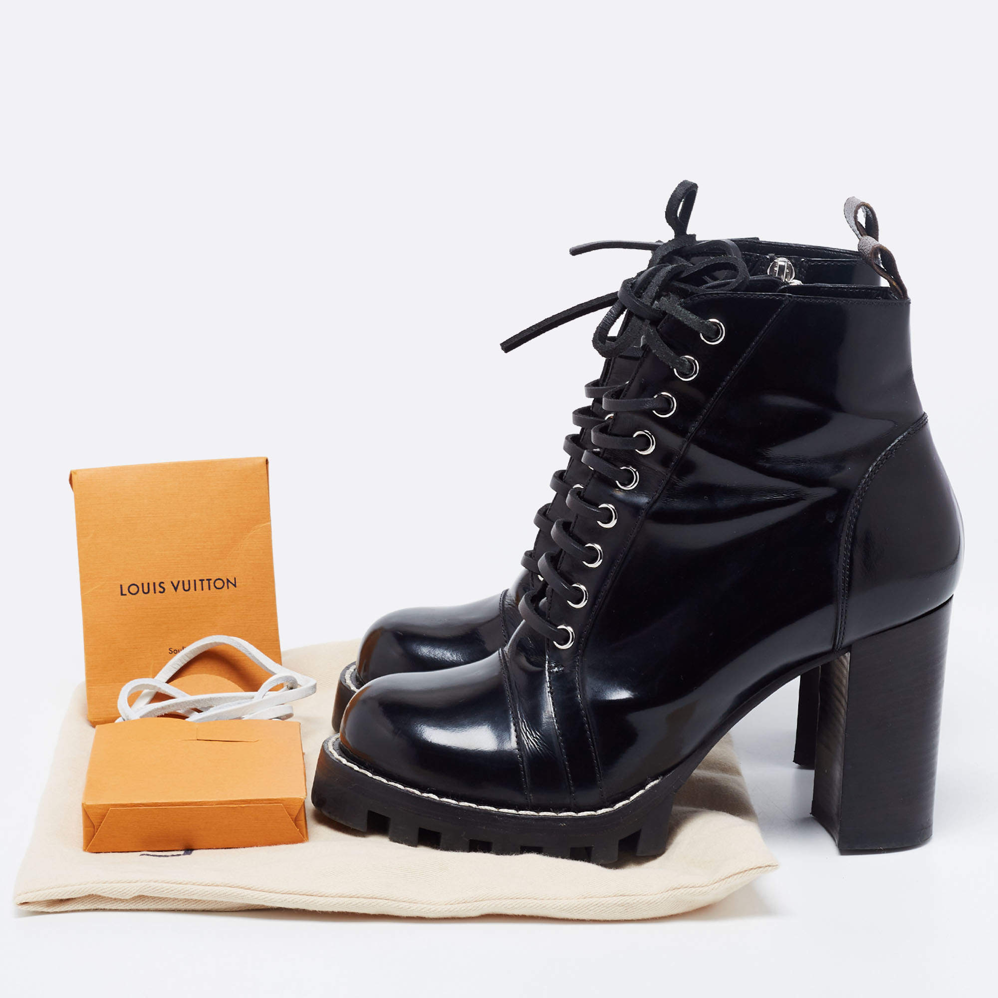 Louis Vuitton Black Patent Leather Star Trail Block Heel Boots Size 40.5 Louis  Vuitton