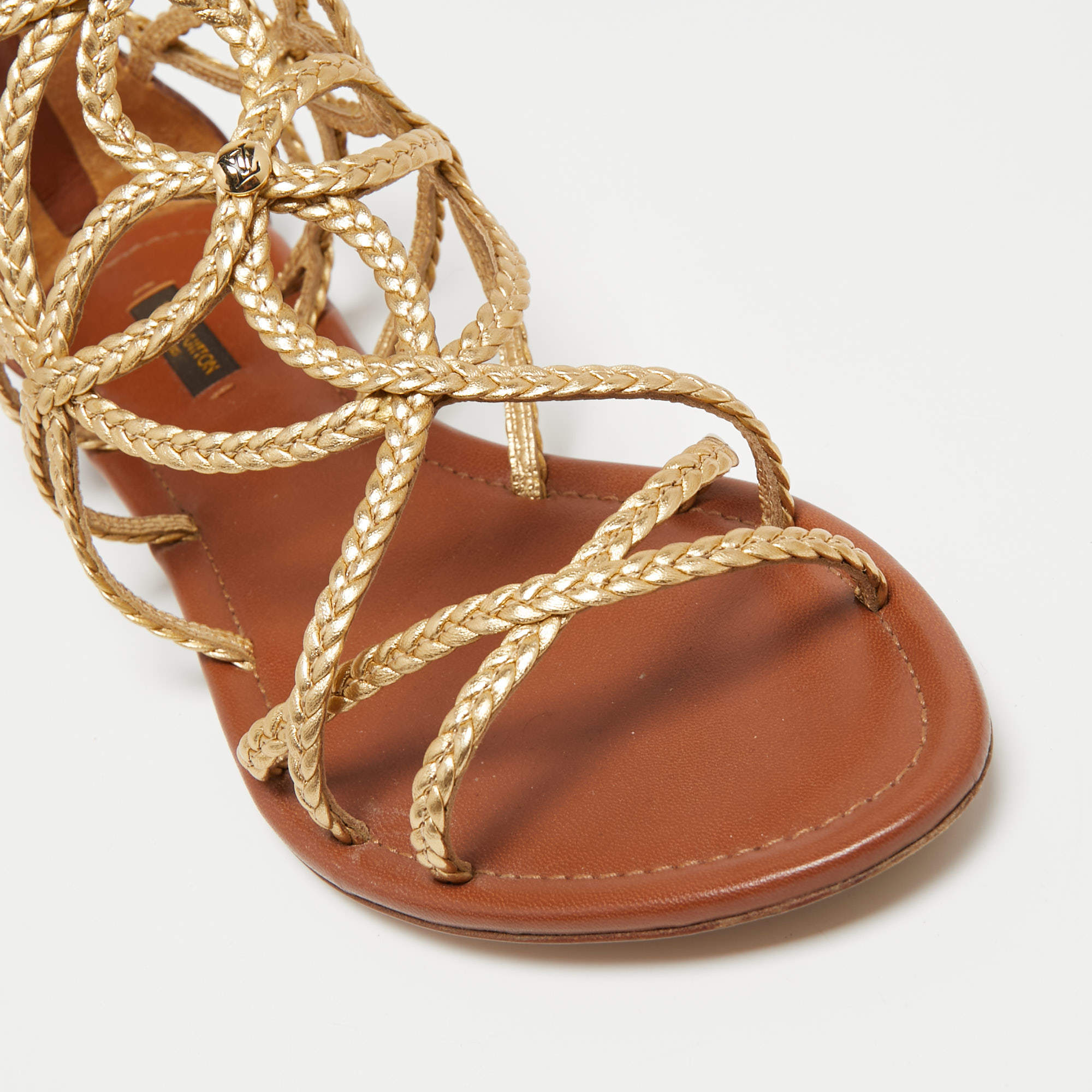 Louis Vuitton Metallic Gold Braided Leather Gladiator Flat Sandals Size 36
