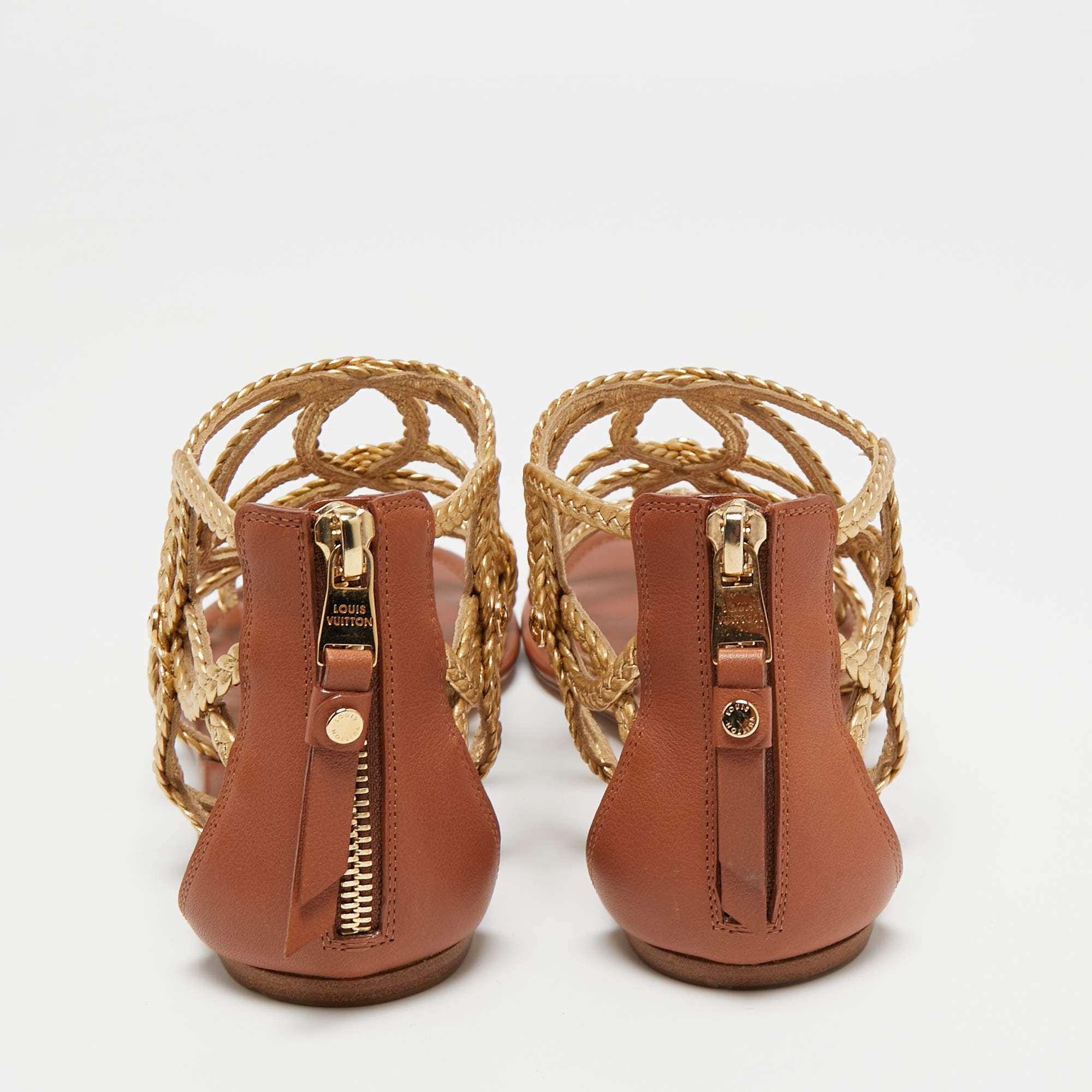 Louis Vuitton Metallic Gold Braided Leather Gladiator Flat Sandals Size 36