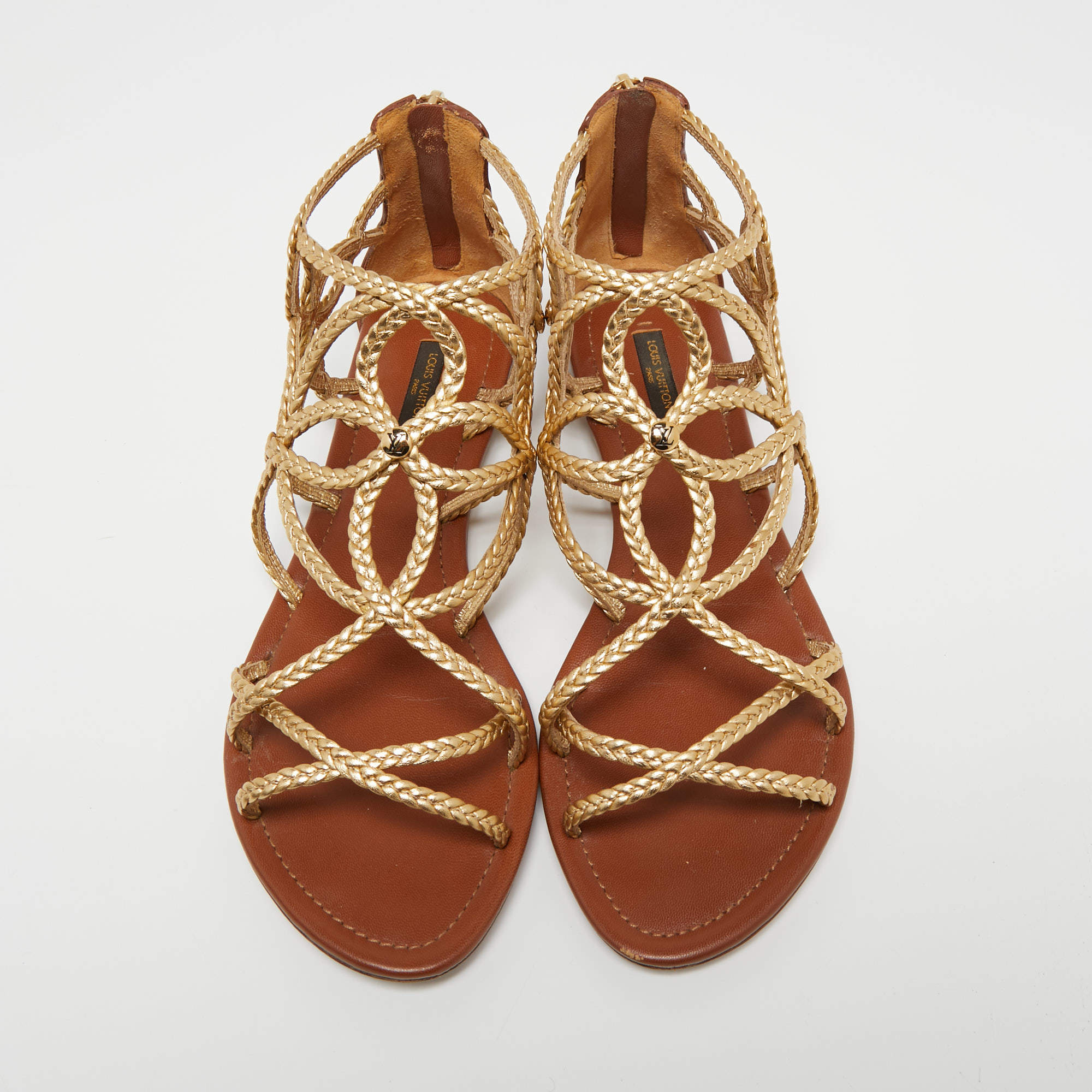 Louis Vuitton Metallic Gold Braided Leather Gladiator Flat Sandals