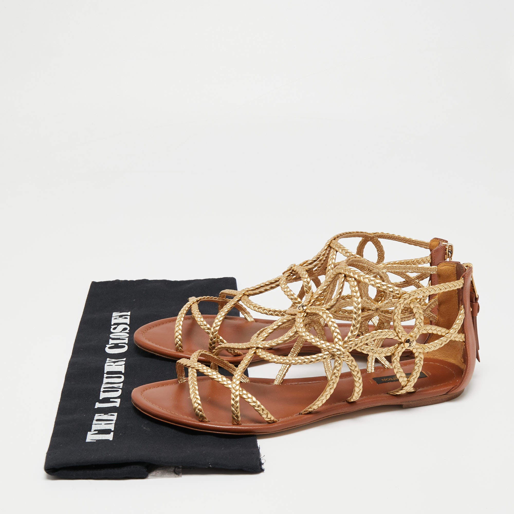 Louis Vuitton Metallic Gold Braided Leather Gladiator Flat Sandals