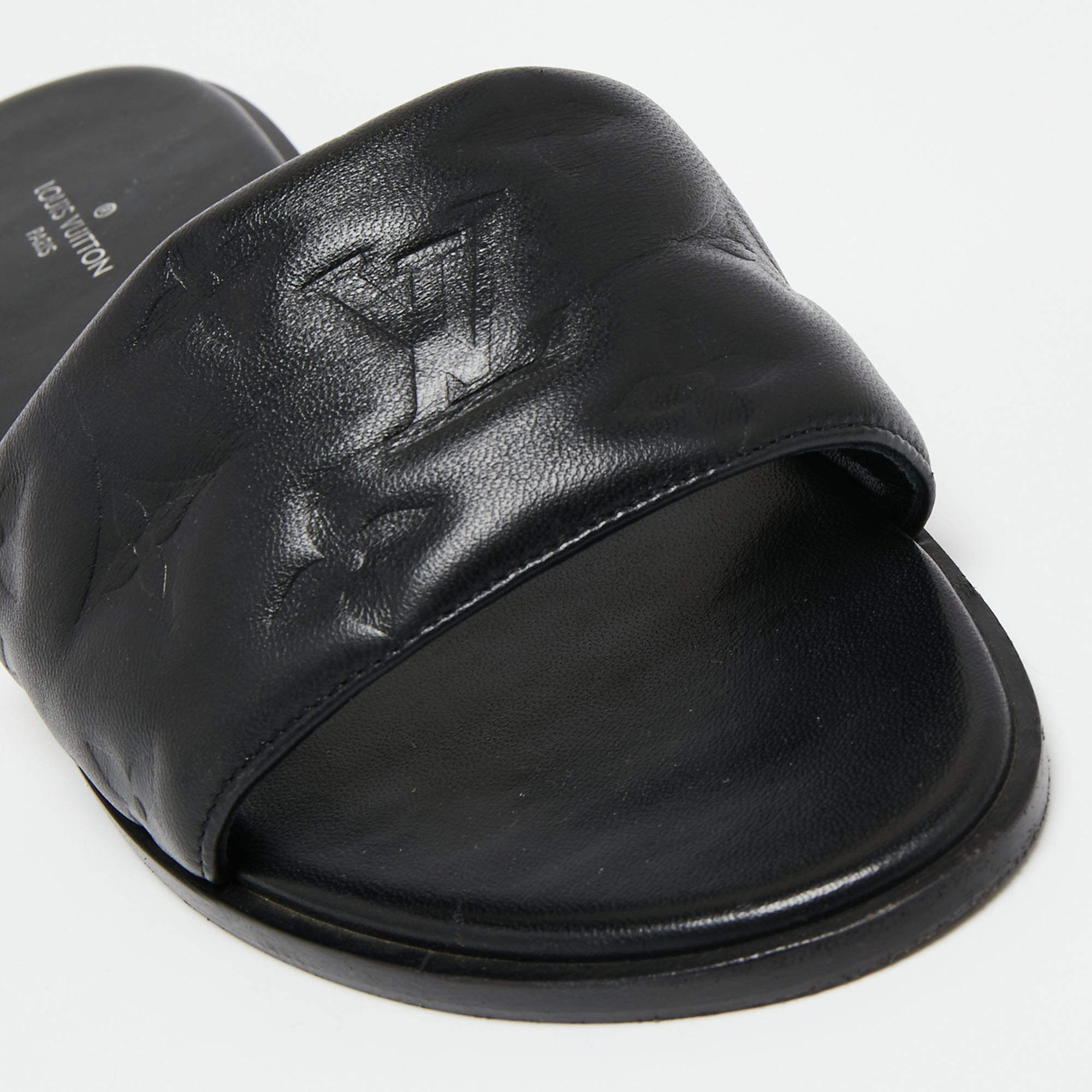 Louis Vuitton Black Monogram Embossed Leather Revival Flat Slides Size 38 Louis  Vuitton