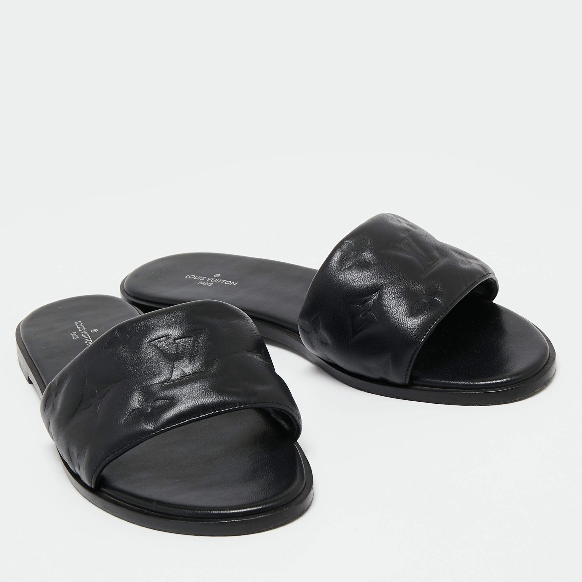 Louis Vuitton Women's Revival Mule Sandals Monogram Embossed Leather Black  2371591