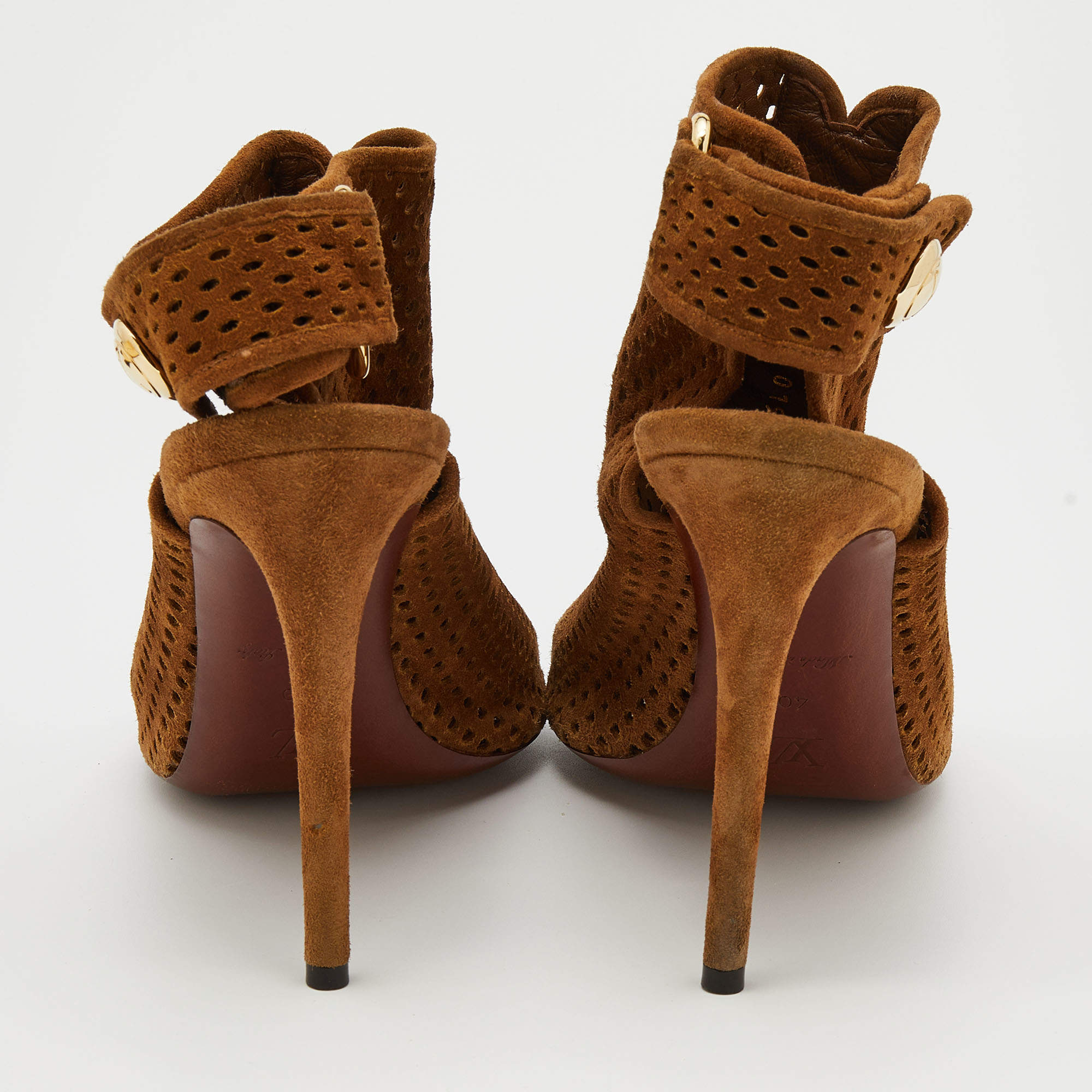 Louis Vuitton Brown Perforated Suede Open Toe Slingback Booties Size 40  Louis Vuitton