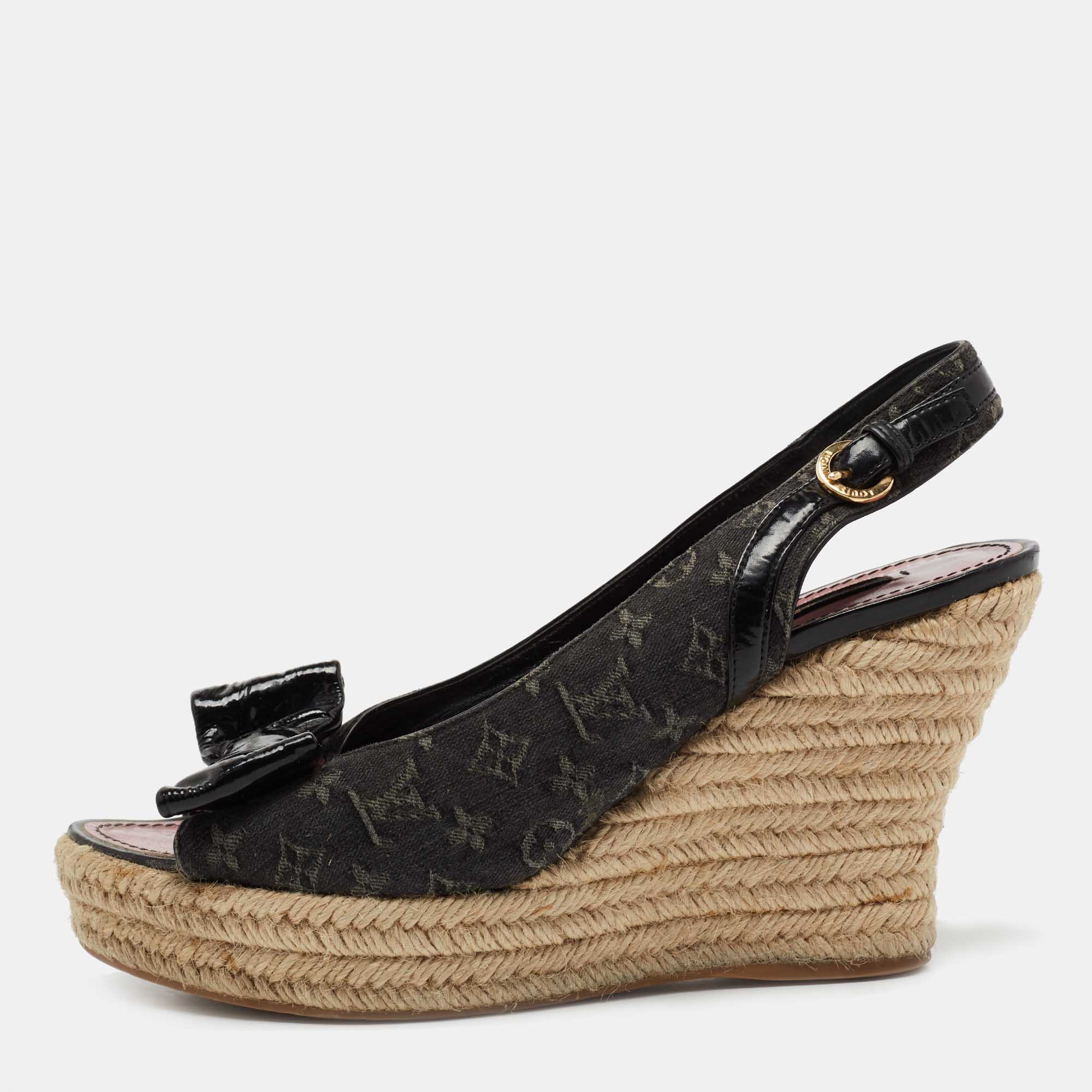 Pre Owned Louis Vuitton Black Monogram Denim And Patent Leather Bow Espadrille Platform Wedge Slingback Sandals Size 39