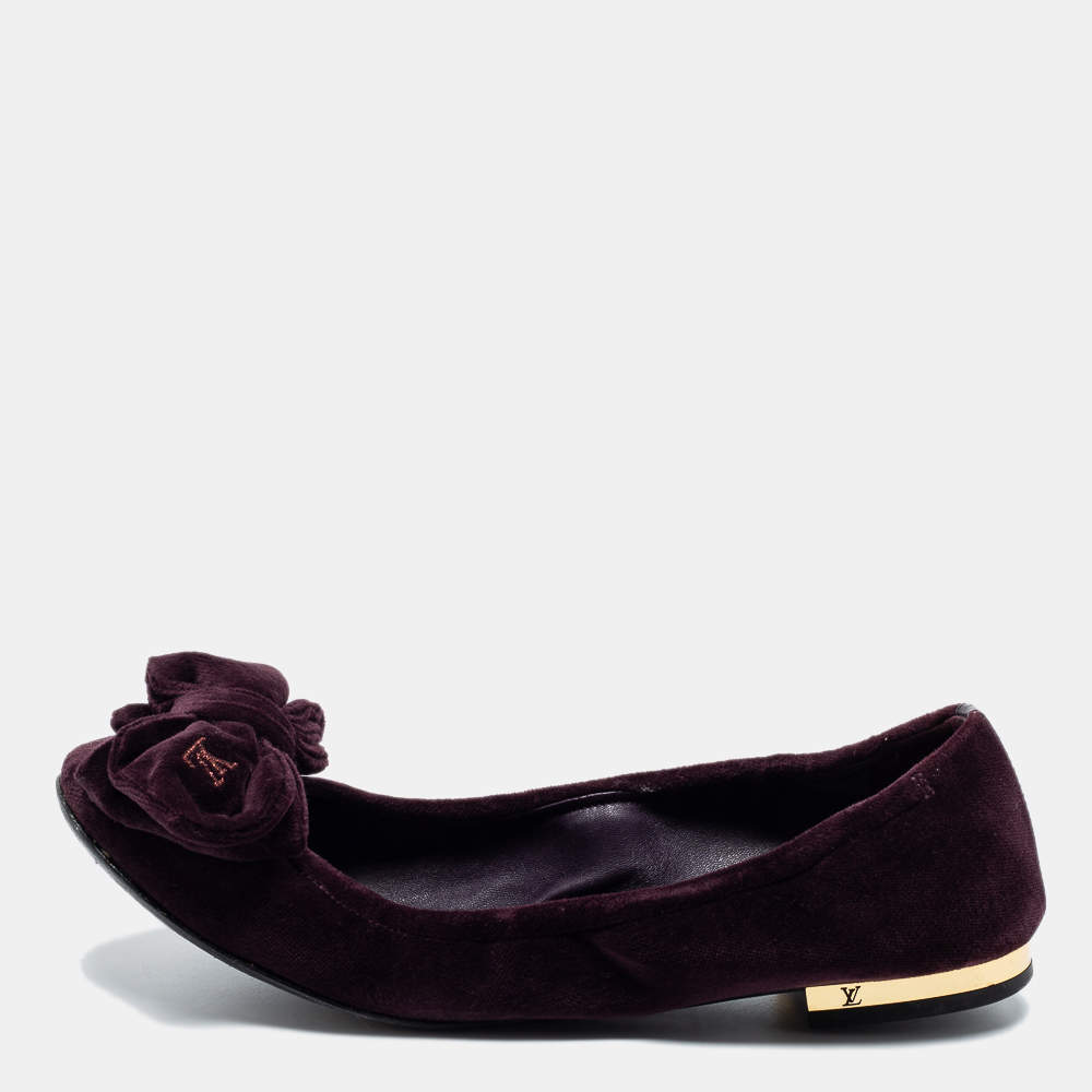 Pre Owned Louis Vuitton Plum Velvet Bow Scrunch Ballet Flats Size 36