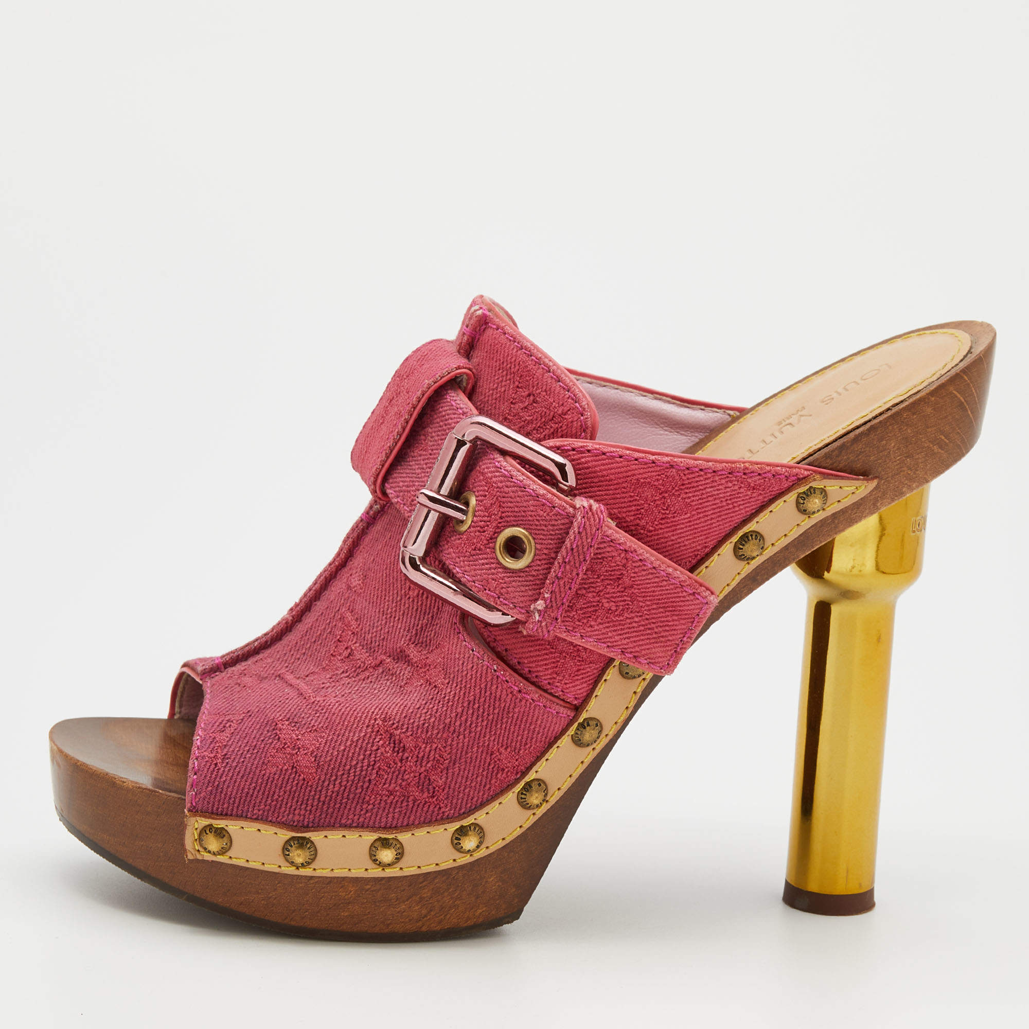 مملوكة مسبقًا Louis Vuitton Pink Monogram Denim Vintage Rosa Platform Clog Mules Size 39