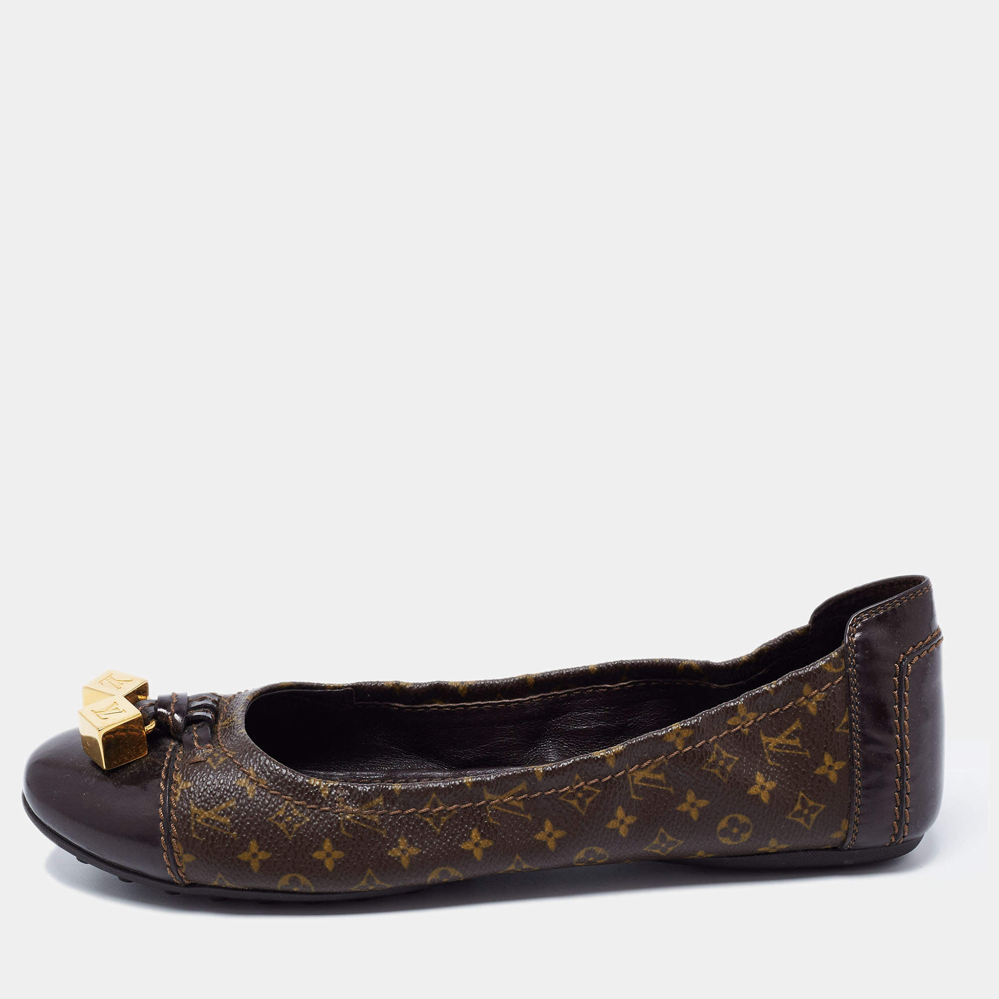 Pre Owned Louis Vuitton Monogram Canvas and Patent Leather Cap Toe Lovely Scrunch Ballet Flats Size 39