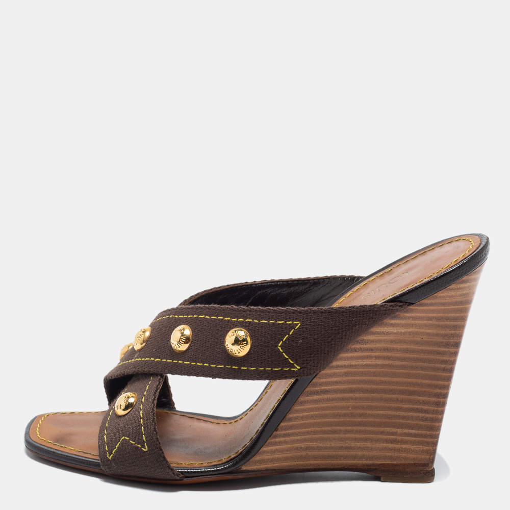 Louis Vuitton Brown Canvas Studded Cross Strap Wedge Sandals Size