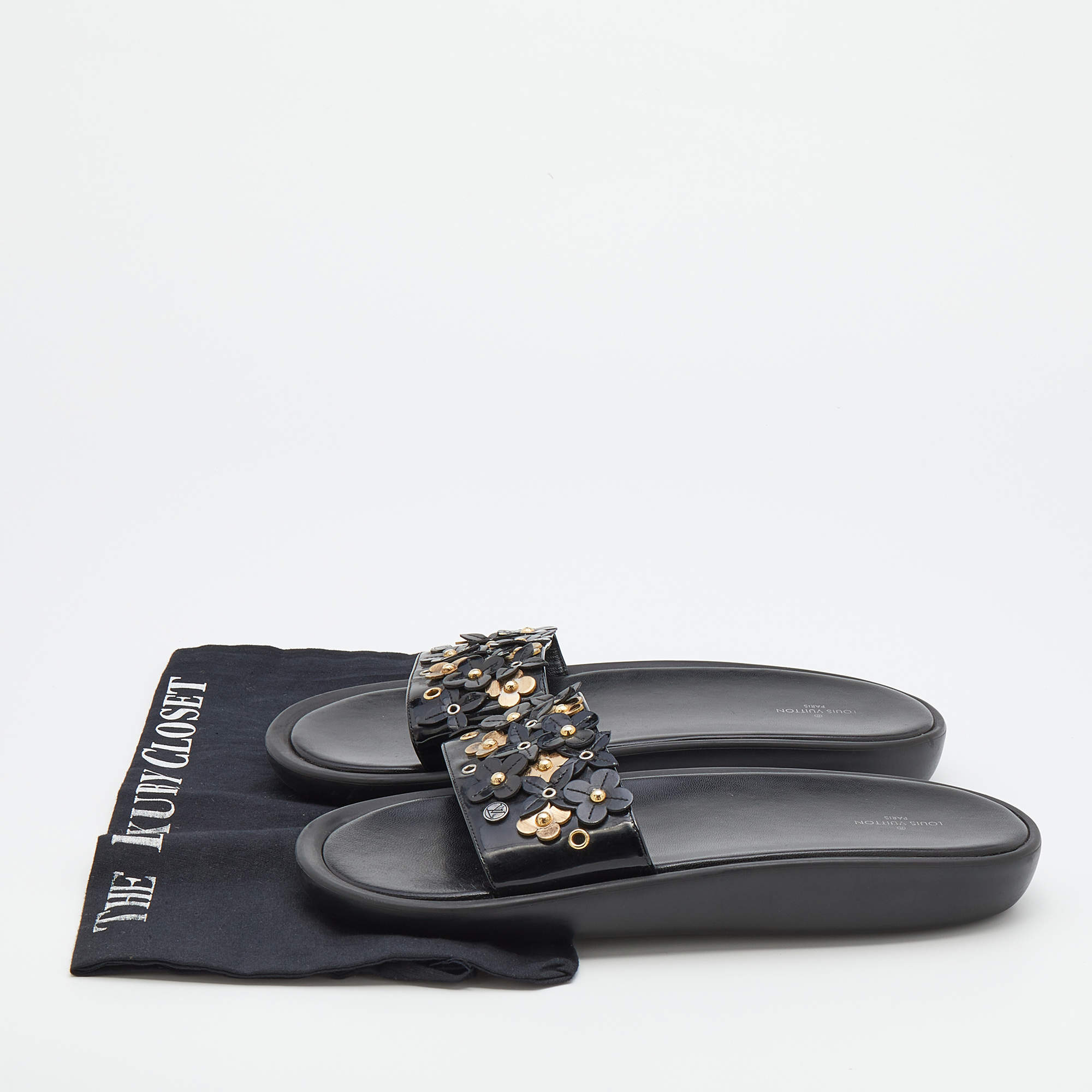 Louis Vuitton Black Patent Leather Applique Embellished Platform Slide  Sandals Size 40 Louis Vuitton