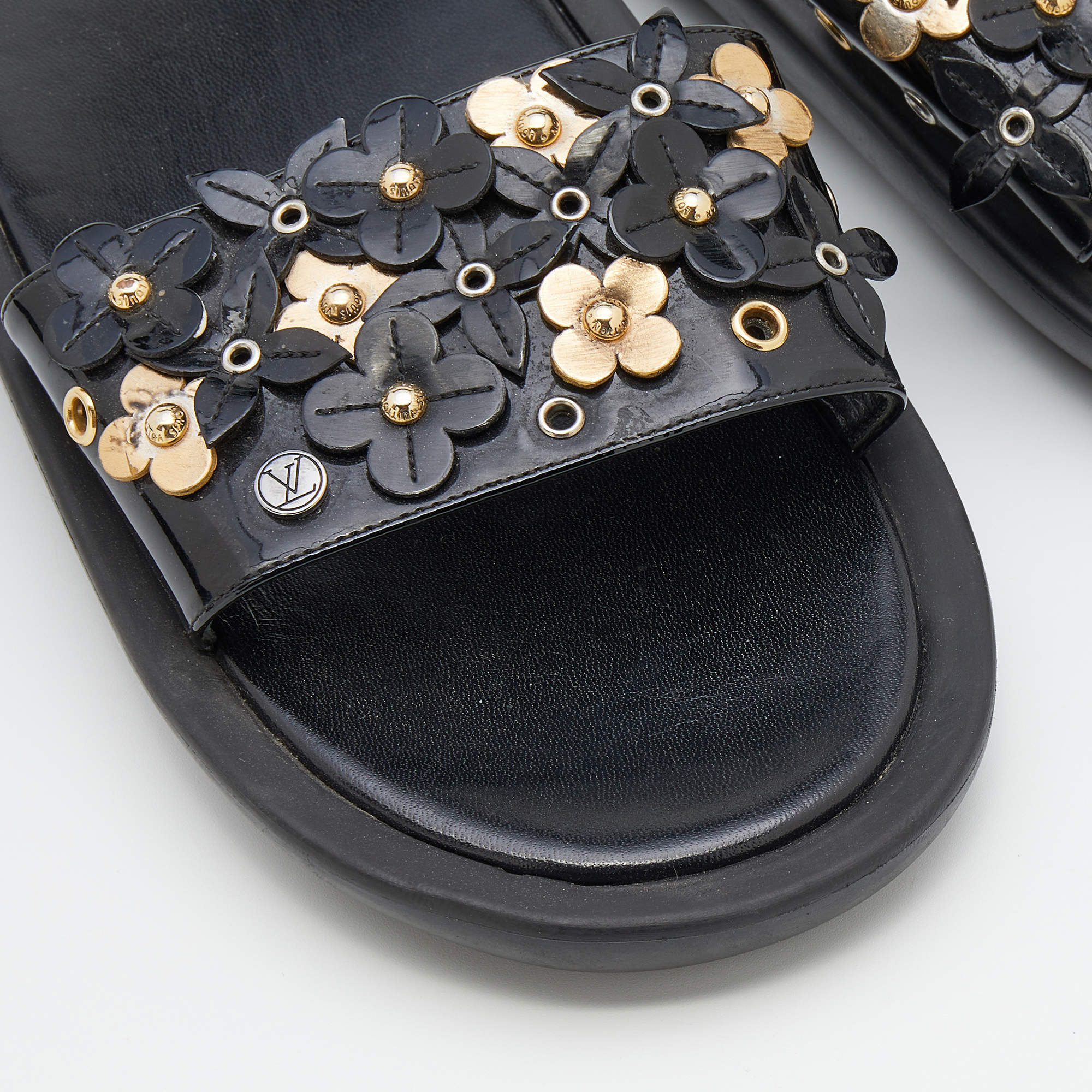 Louis Vuitton Leather Applique Embellished Platform Slide Sandals