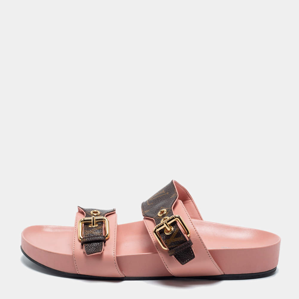 Louis Vuitton Pink/Brown Leather and Monogram Canvas Bom Dia Slides ...