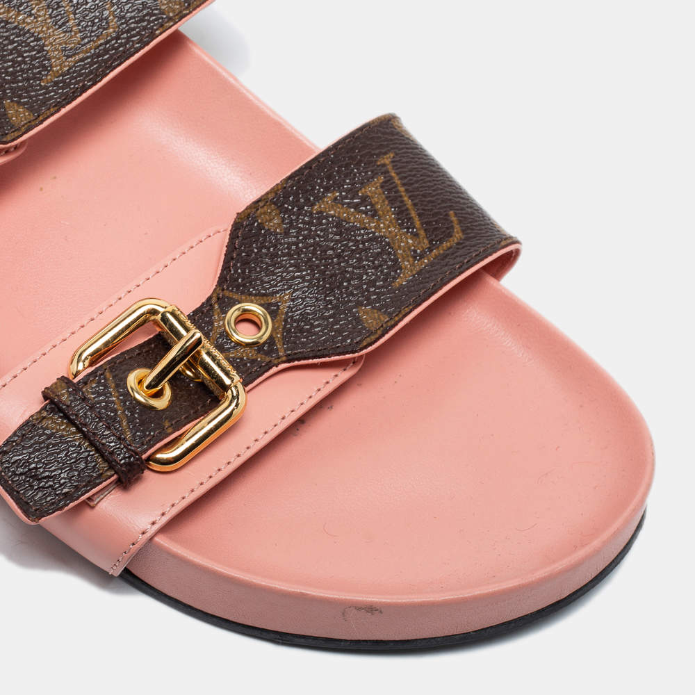 Louis Vuitton Pink/Brown Leather and Monogram Canvas Bom Dia Slides Size 39 Louis  Vuitton