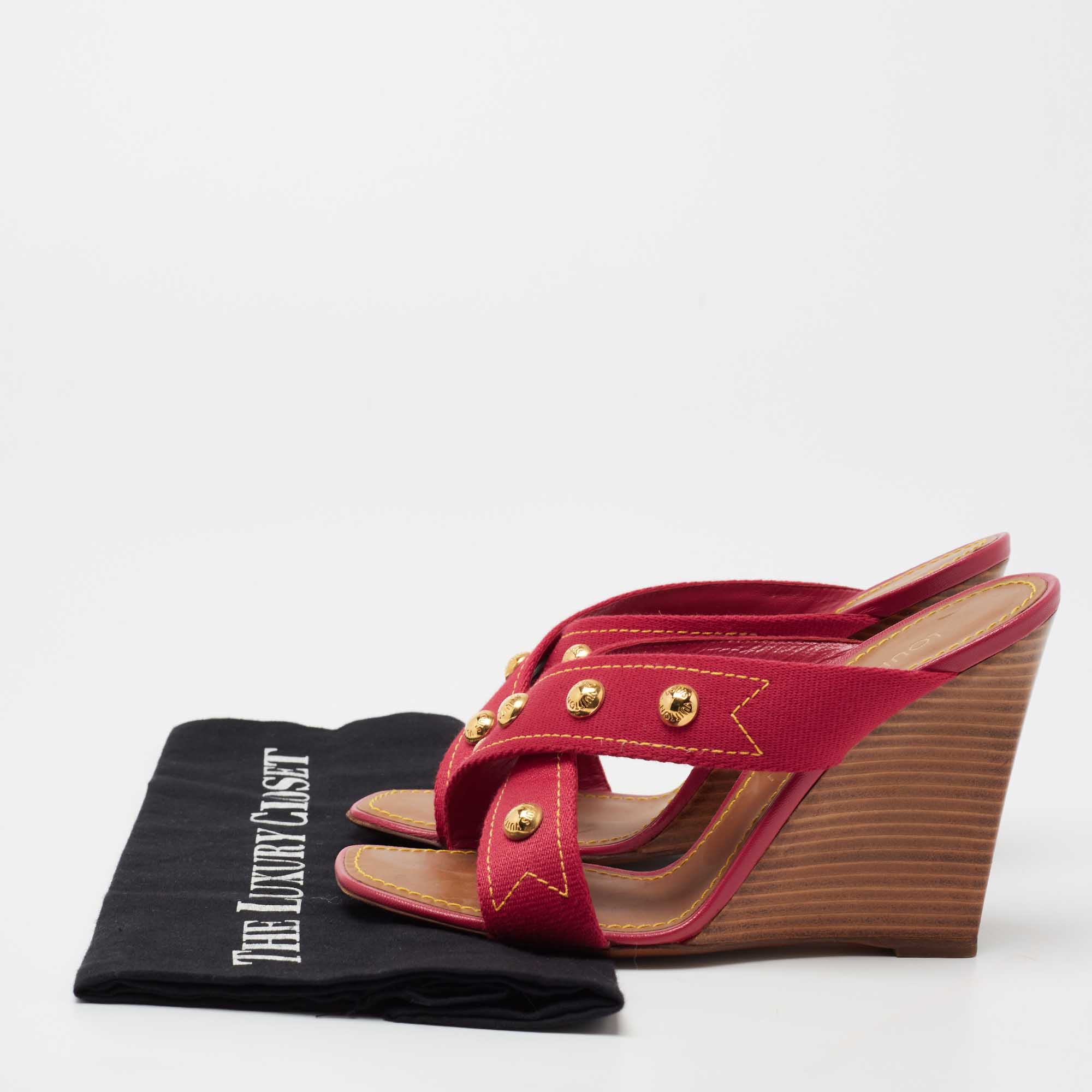 Louis Vuitton Red Canvas Crisscross Wedge Sandals Size 37 Louis Vuitton