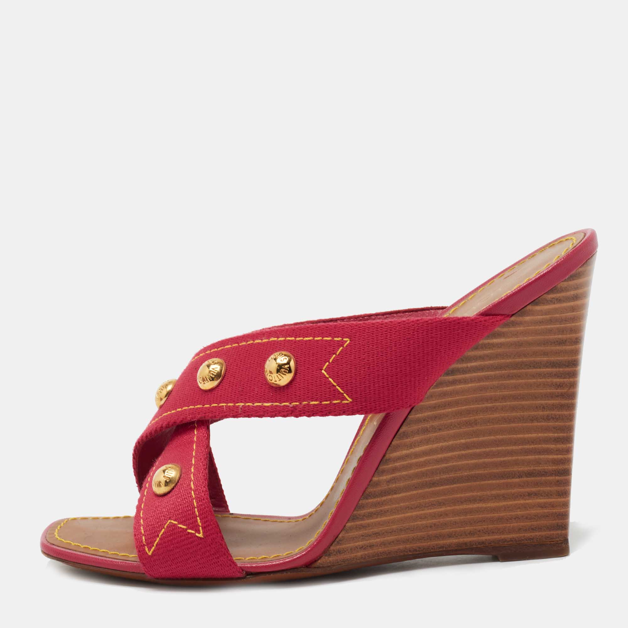 Louis Vuitton Red Canvas Crisscross Wedge Sandals Size 37