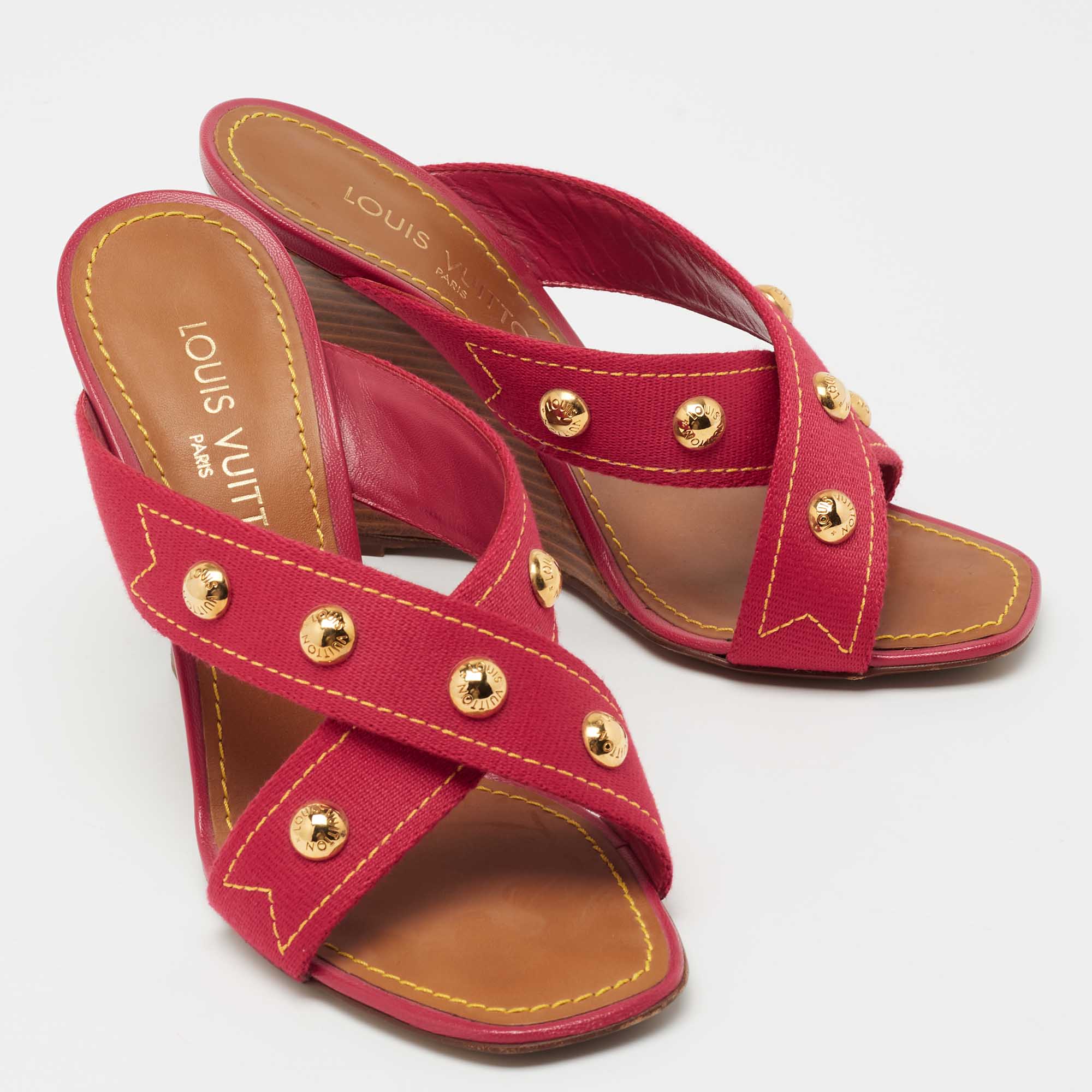 Louis Vuitton Red Canvas Crisscross Wedge Sandals Size 37 Louis Vuitton