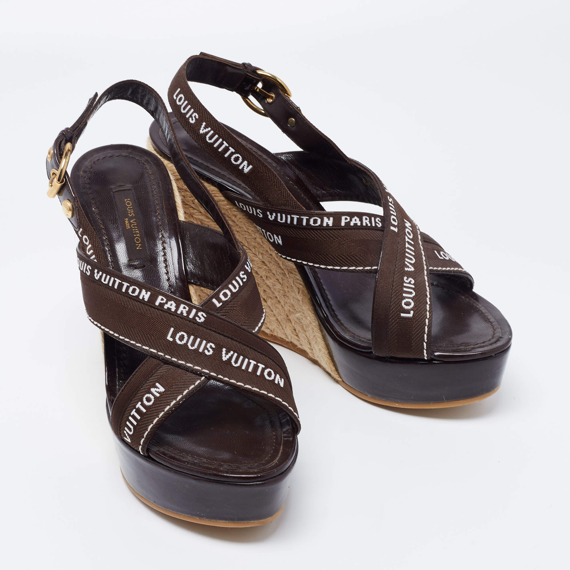 Louis Vuitton Brown Patent and Canvas Wedge Ankle Strap Sandals Size 36.5 Louis  Vuitton