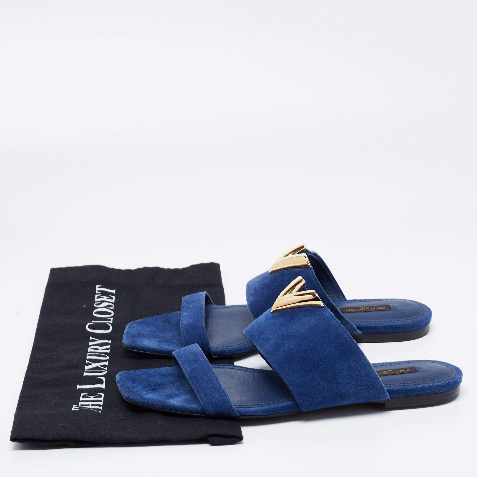 Louis Vuitton Blue Suede V logo Slide Sandals Size 40 Louis