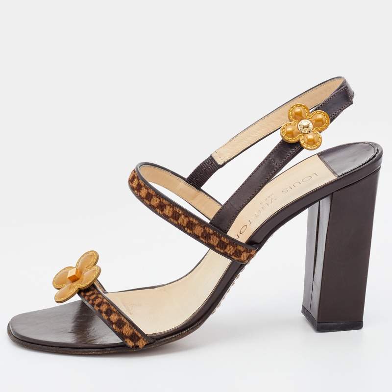 ممل وكة مسبقًا Louis Vuitton Brown Damier Calf Hair And Leather Floral Embellished Slingback Sandals Size 39