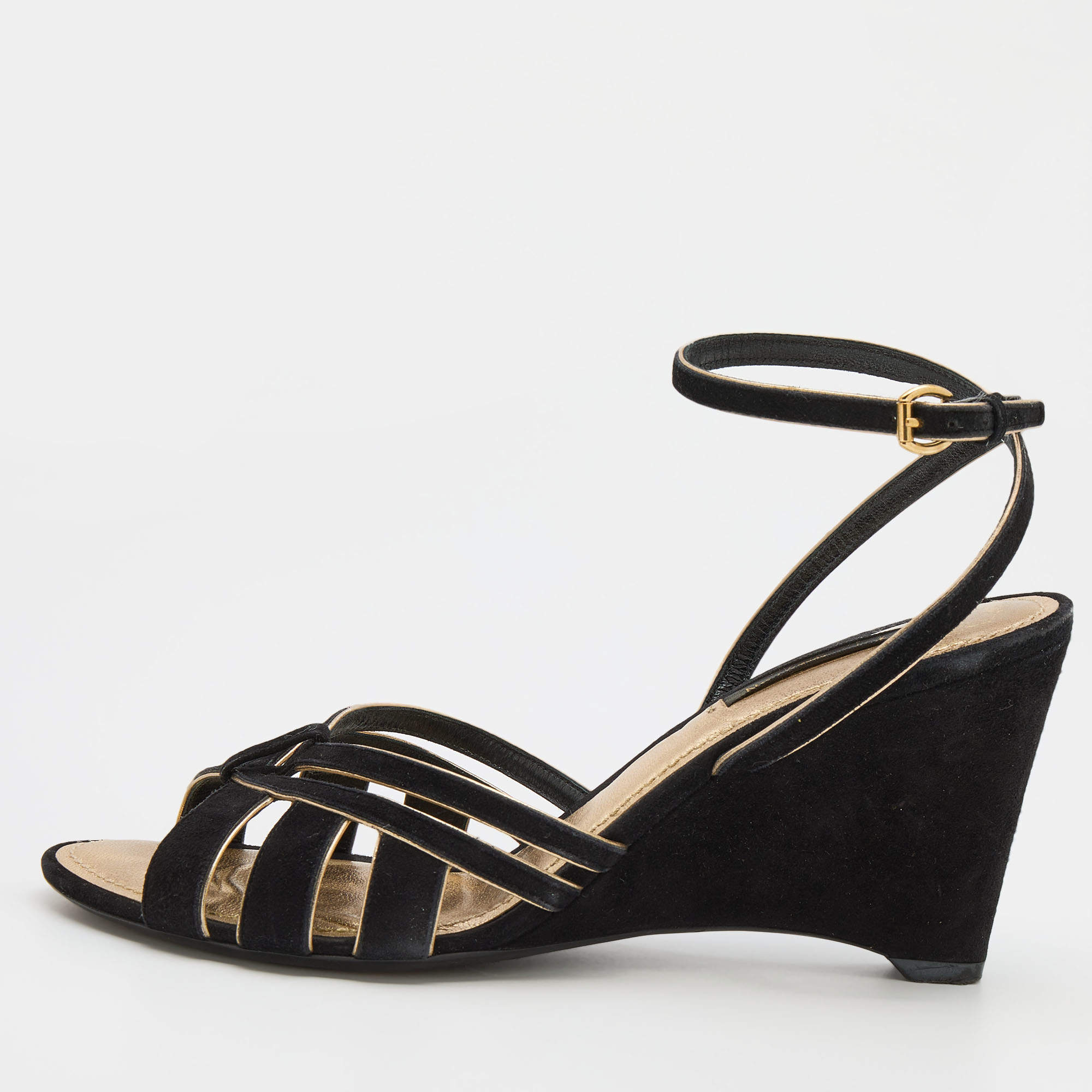 Louis Vuitton Black/Gold Suede and Leather Wedge Strappy Sandals Size 37