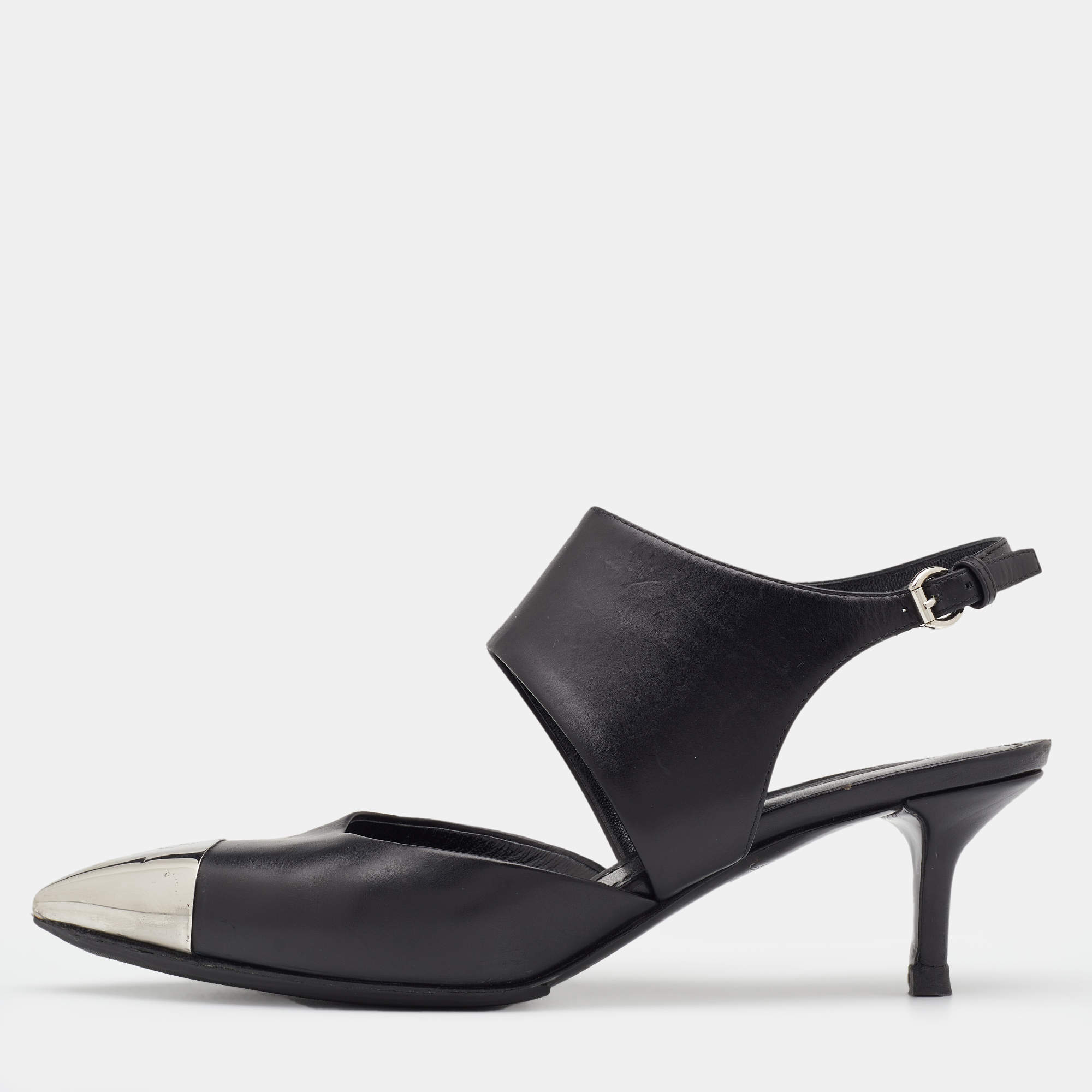 Pre Owned Louis Vuitton Black Leather Metal Cap Toe Slingback Pumps Size 36