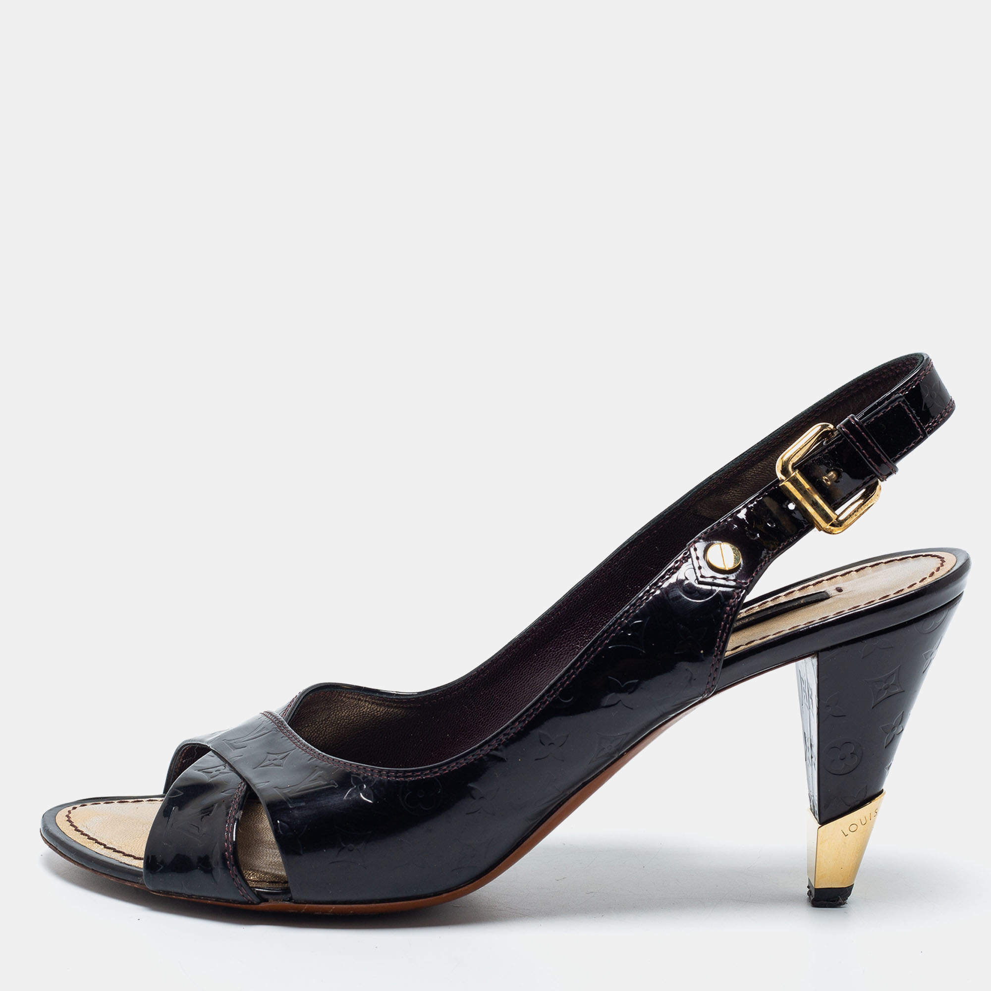 Pre Owned Louis Vuitton Black Monogram Vernis Leather Criss Cross Slingback Sandals Size 38