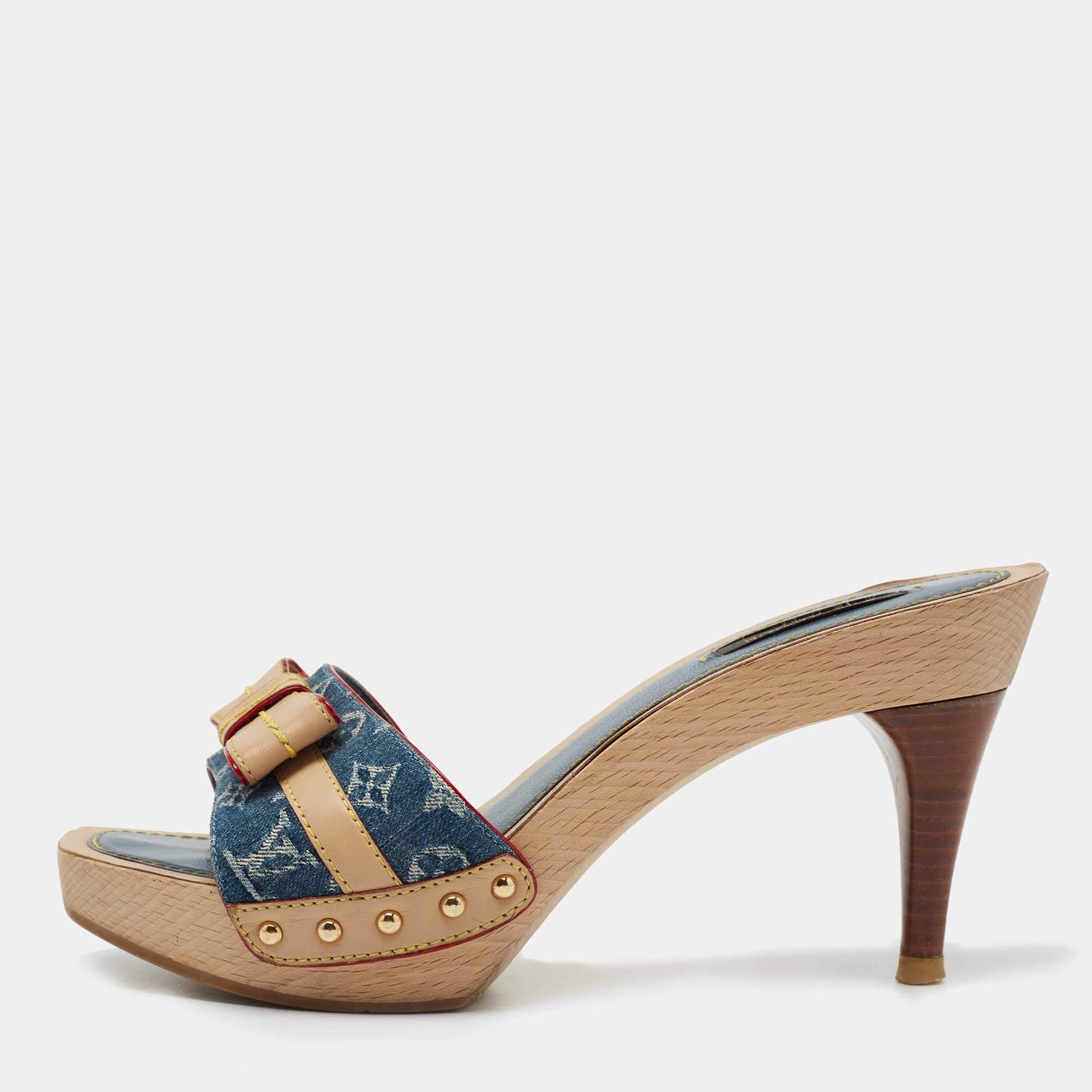 Louis Vuitton Blue Monogram Denim and Leather Bow Detail Slides Size 37