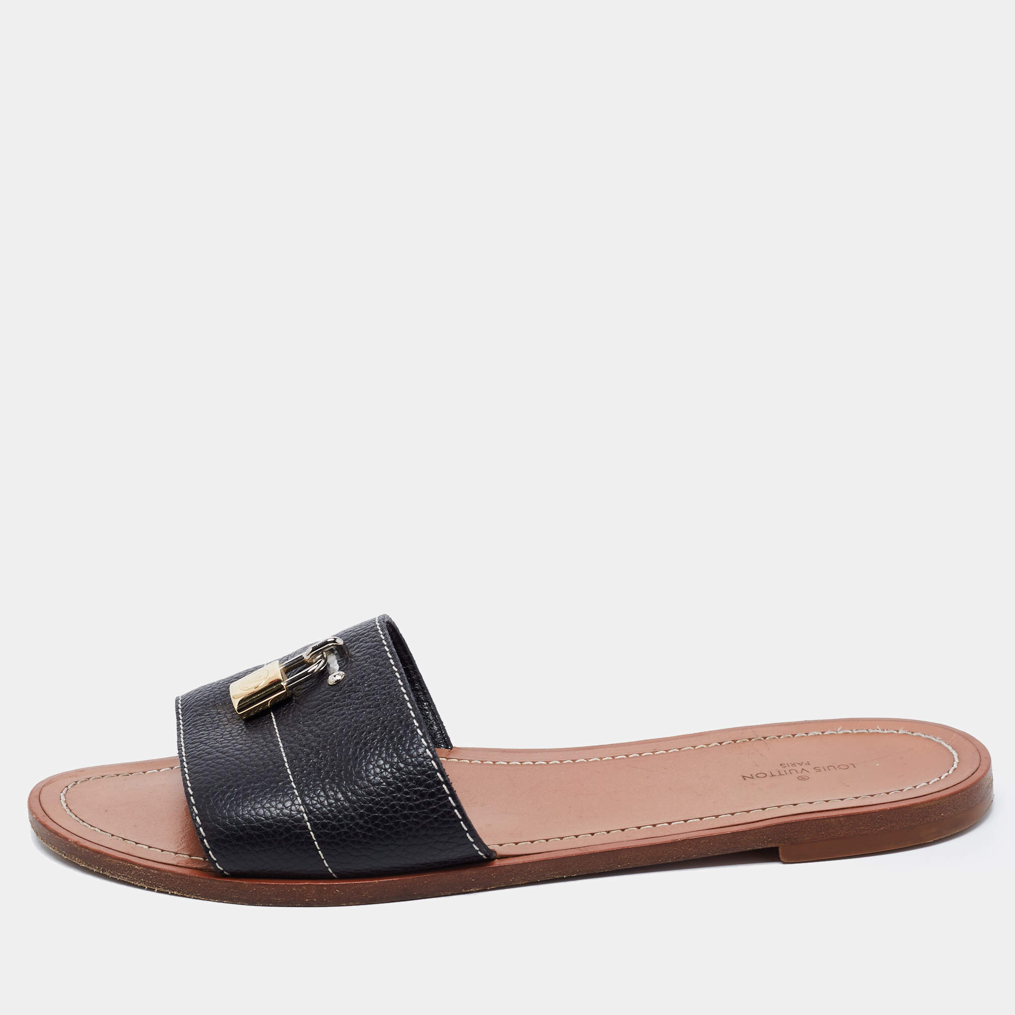 Louis Vuitton Black Leather Lock It Slide Sandals Size 40 Louis