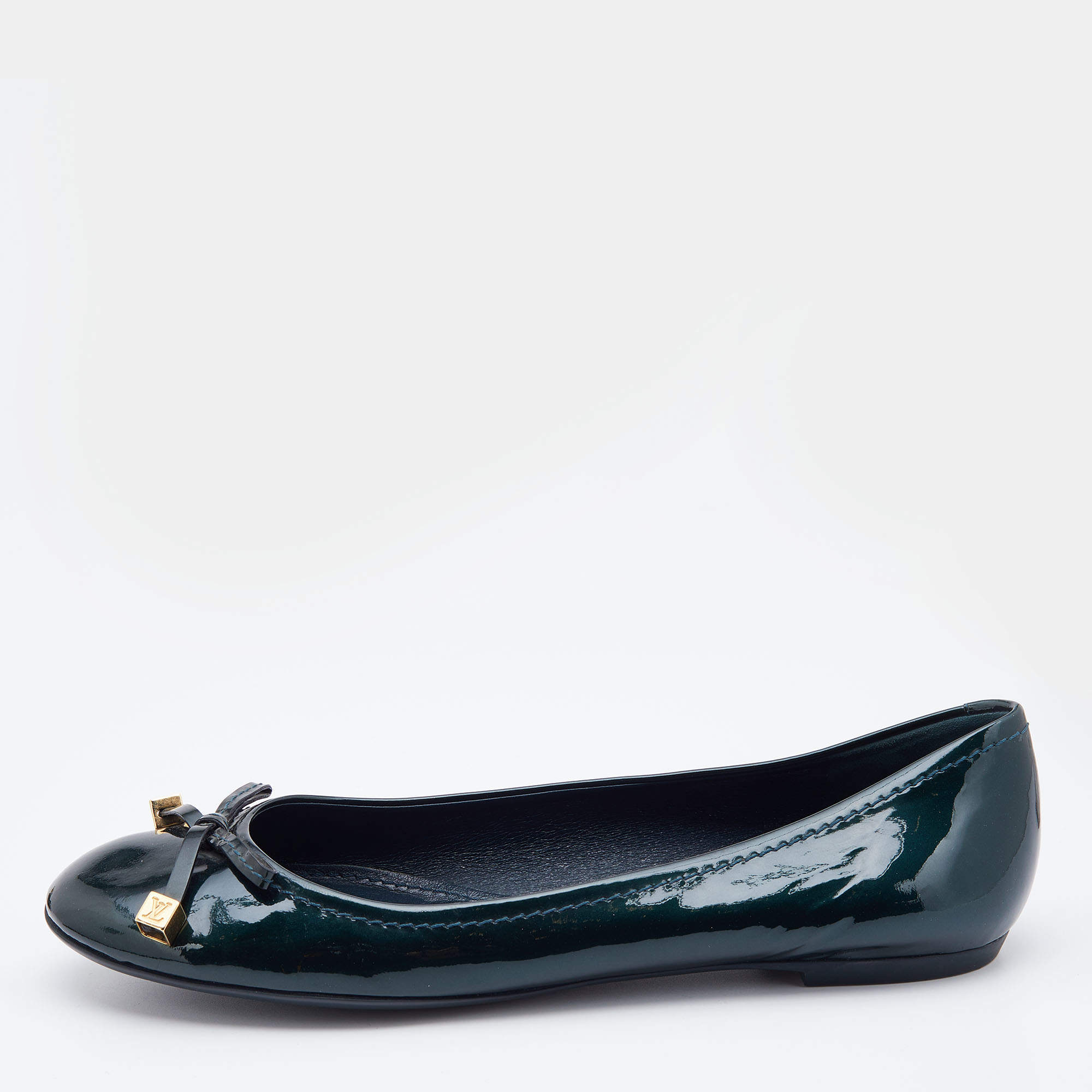 Pre Owned Louis Vuitton Dark Green Patent Leather Bow Ballet Flats Size 38.5