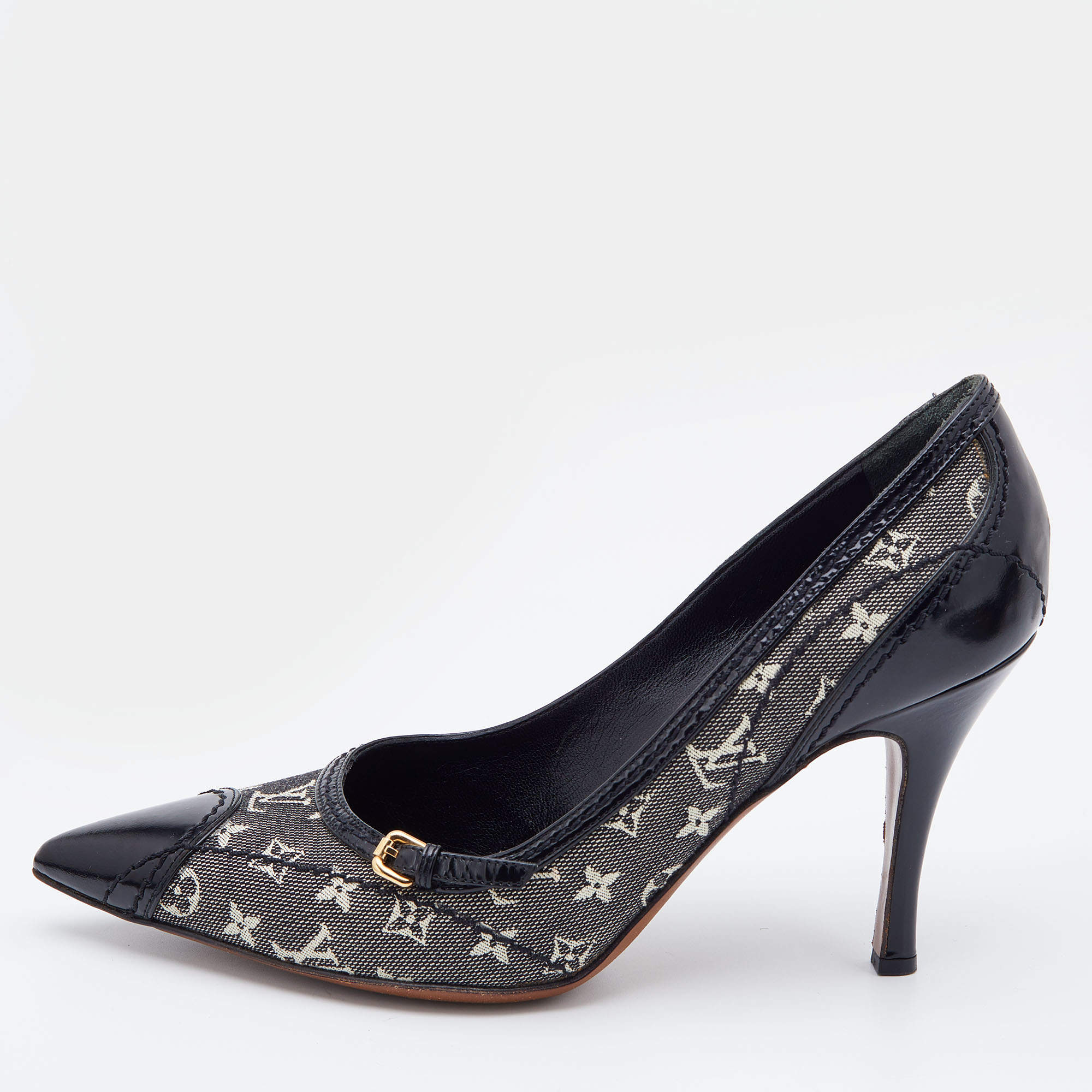 Pre Owned Louis Vuitton Black/White Monogram Mini Lin Canvas and Leather Pointed Toe Pumps Size 36.5
