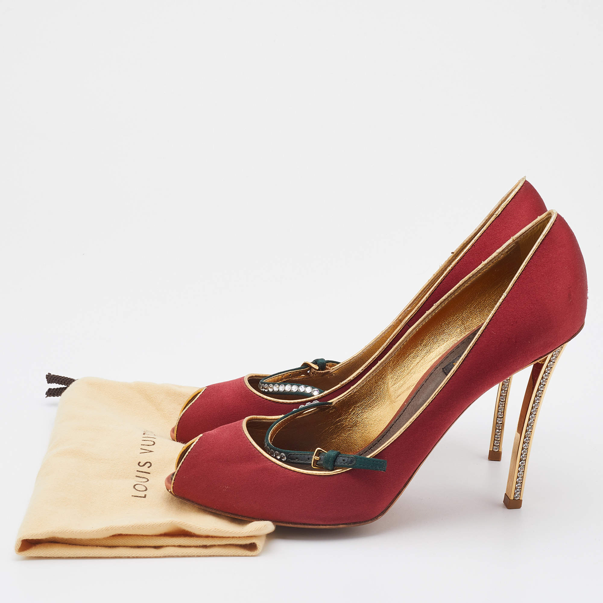 Louis Vuitton Red Satin Crystal Embellished Mary Jane Peep Toe