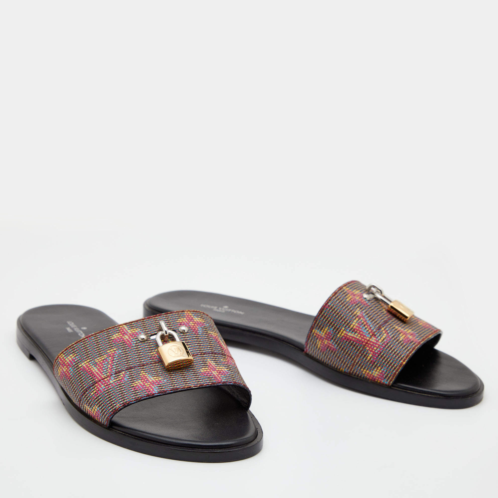 Louis Vuitton Multicolor Printed Leather Lock It Flat Slides Size