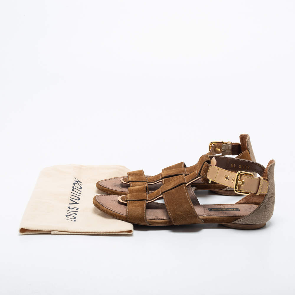 Louis Vuitton Brown Suede and Canvas Flat Sandals Size 37 Louis