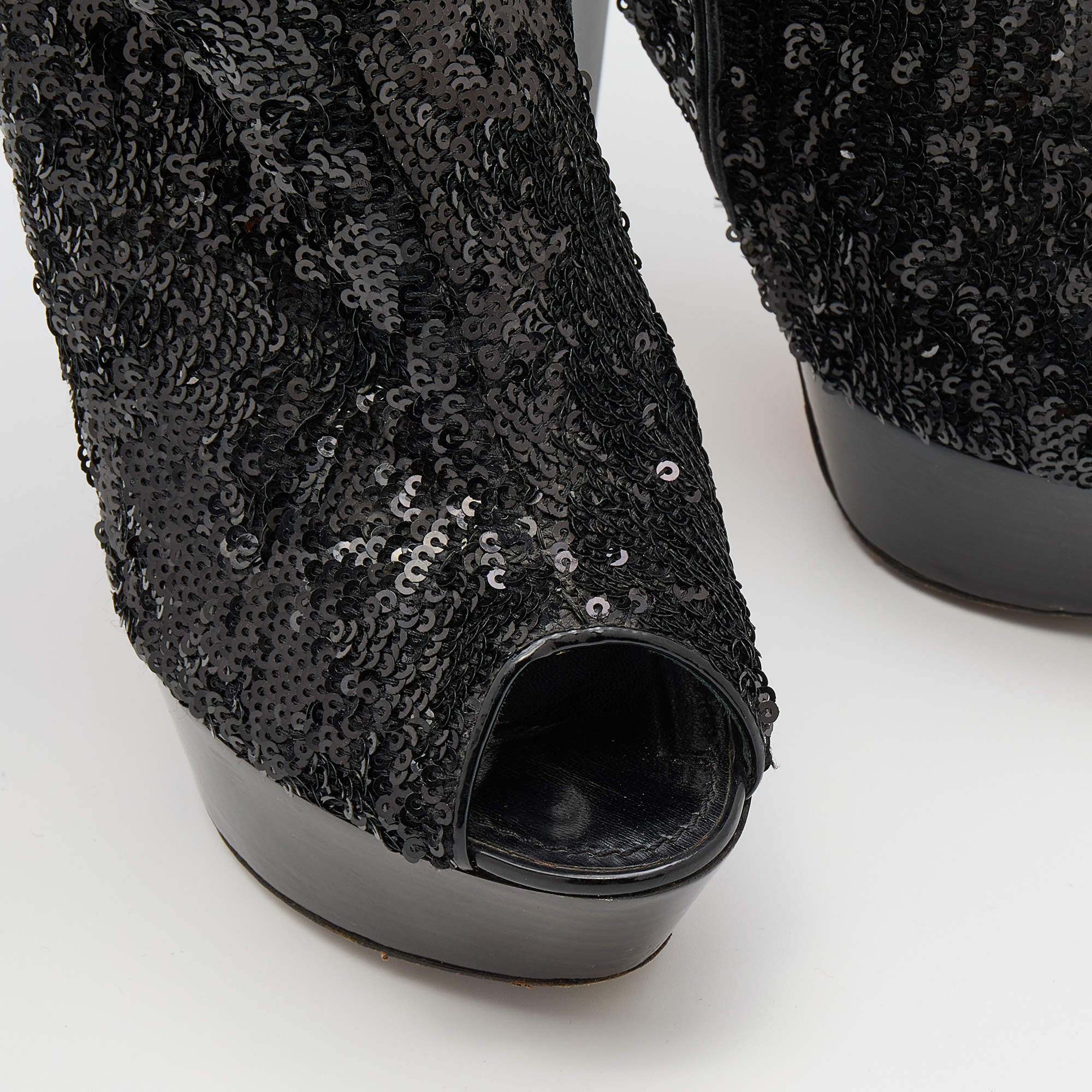 Louis Vuitton Black Sequins and Leather Mid Calf Platform Boots
