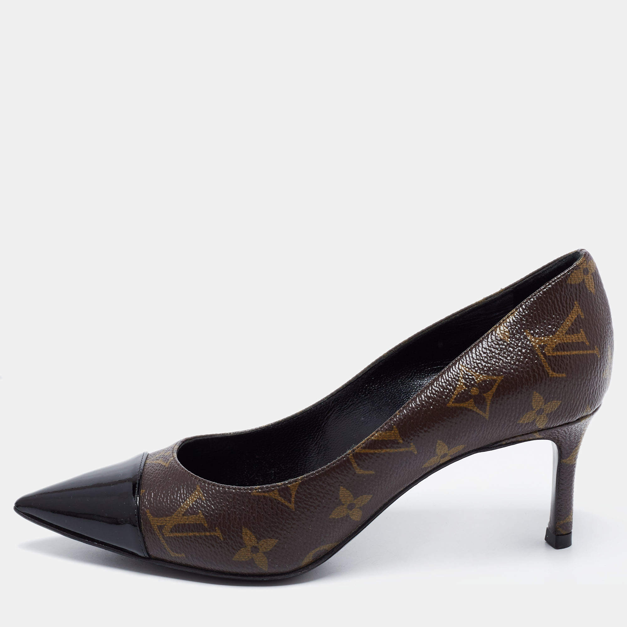 Louis Vuitton Brown/Black Monogram Canvas And Patent Leather Cap Toe Fetish Pointed Toe Pumps Size 36