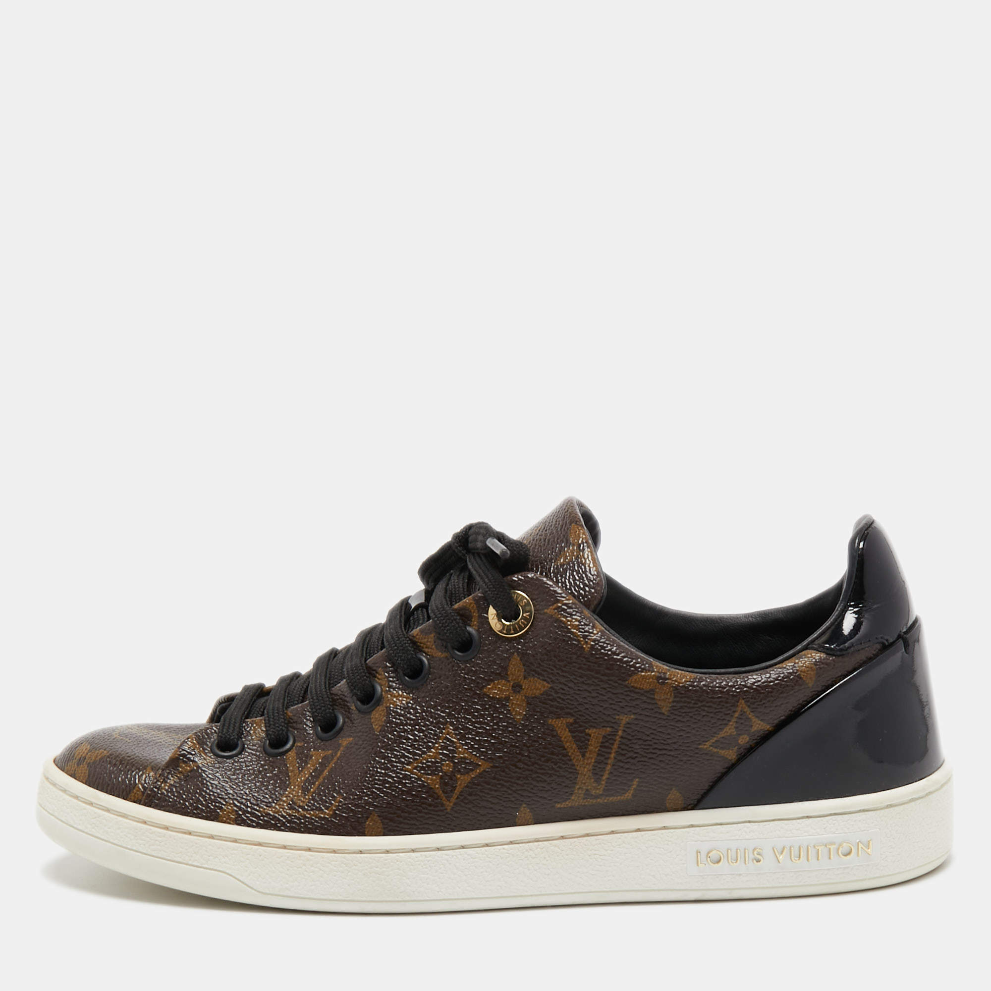 مملوكة مسبقًا Louis Vuitton Brown/Black Monogram Canvas and Patent Leather Frontrow Low Top Sneakers Size 37