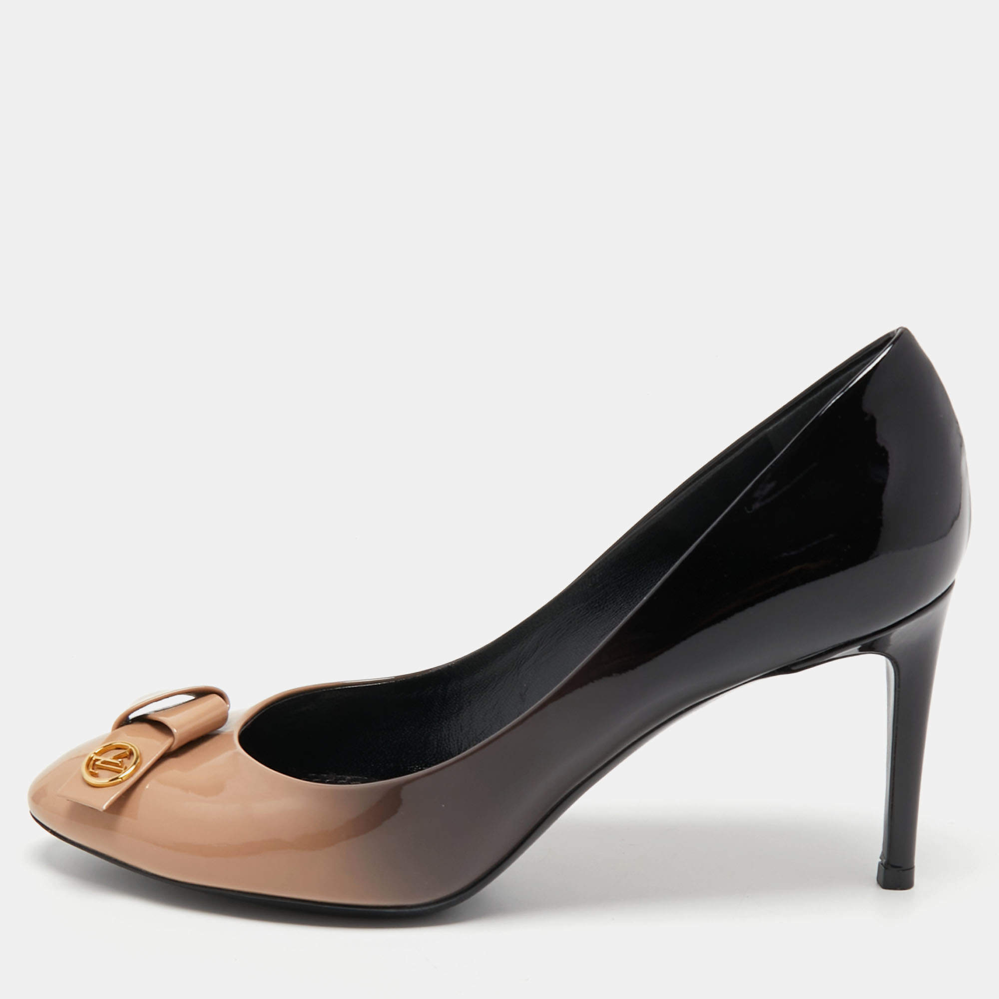 Pre Owned Louis Vuitton Beige/Black Patent Leather Fiance Pumps Size 37.5