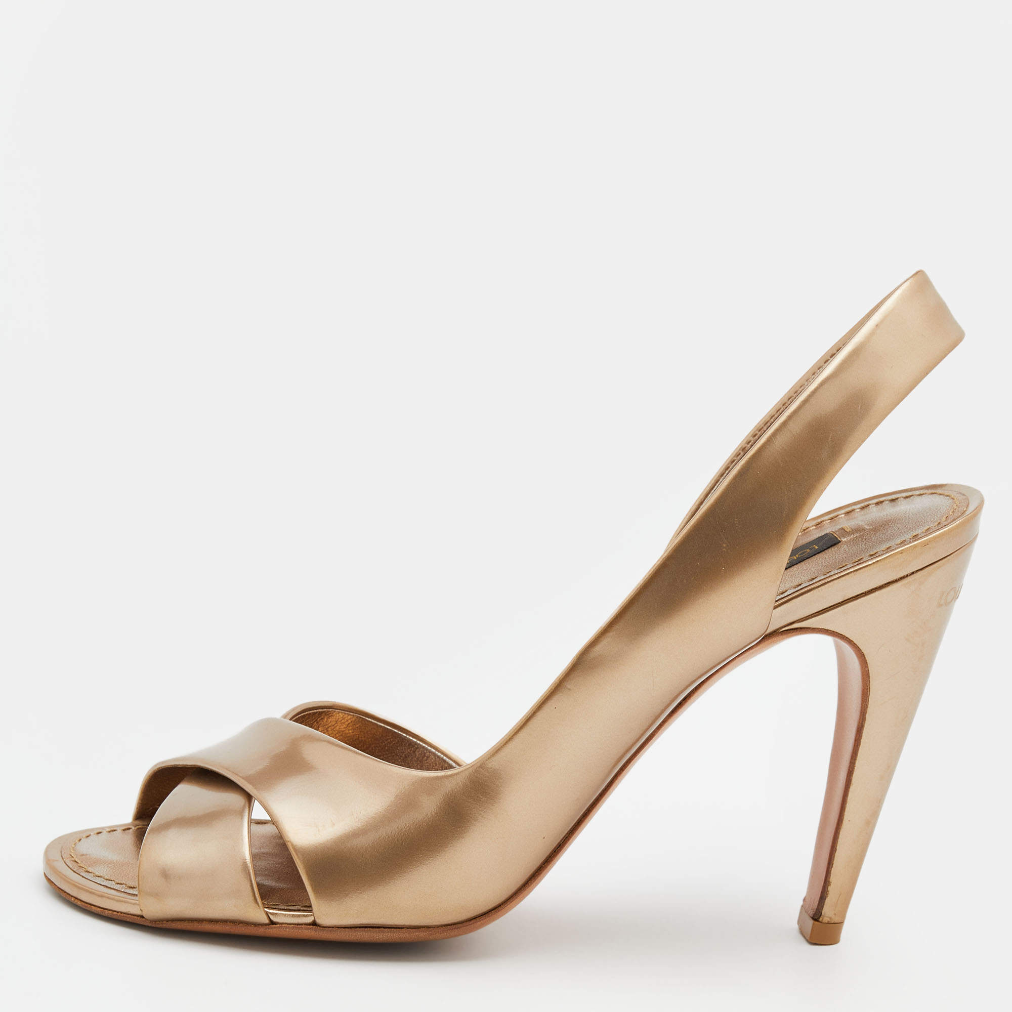Pre Owned Louis Vuitton Metallic Bronze Leather Criss Cross Slingback Sandals Size 38.5