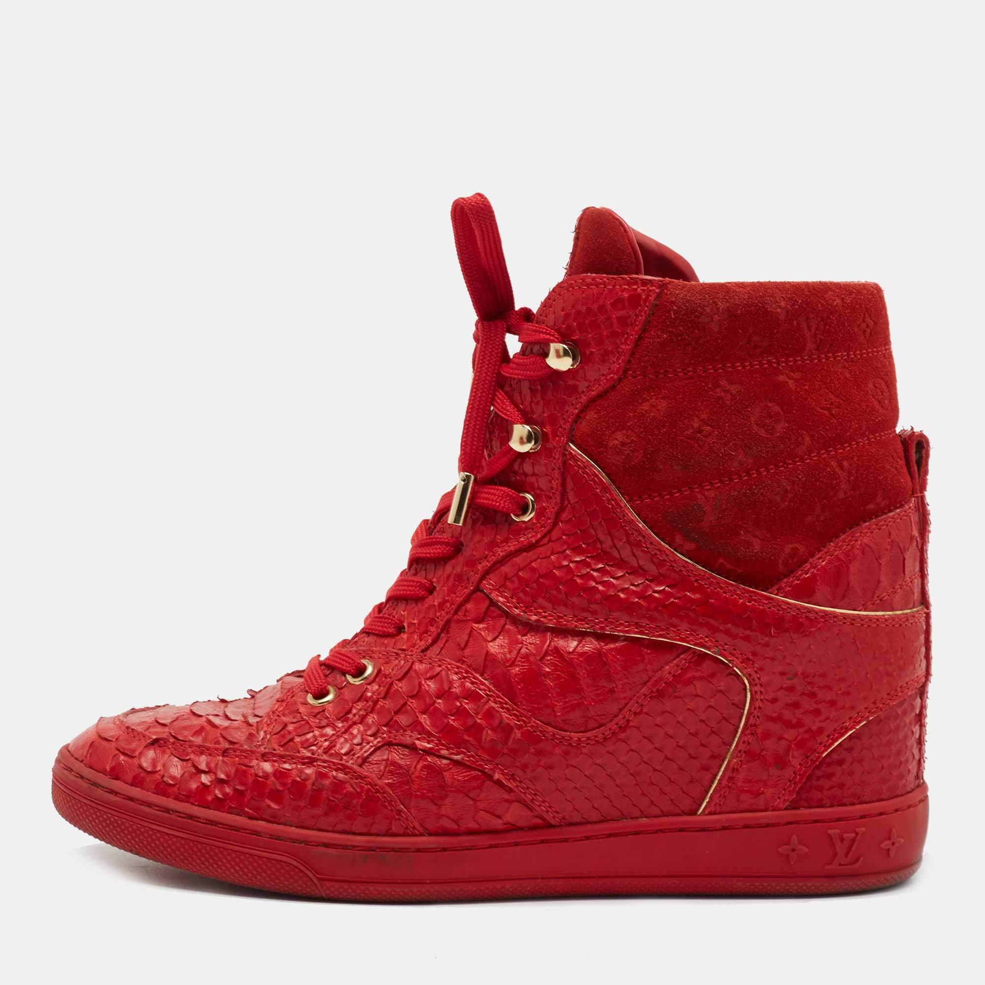 Louis Vuitton Red Monogram Suede And Python High Top Sneakers Size 38.5