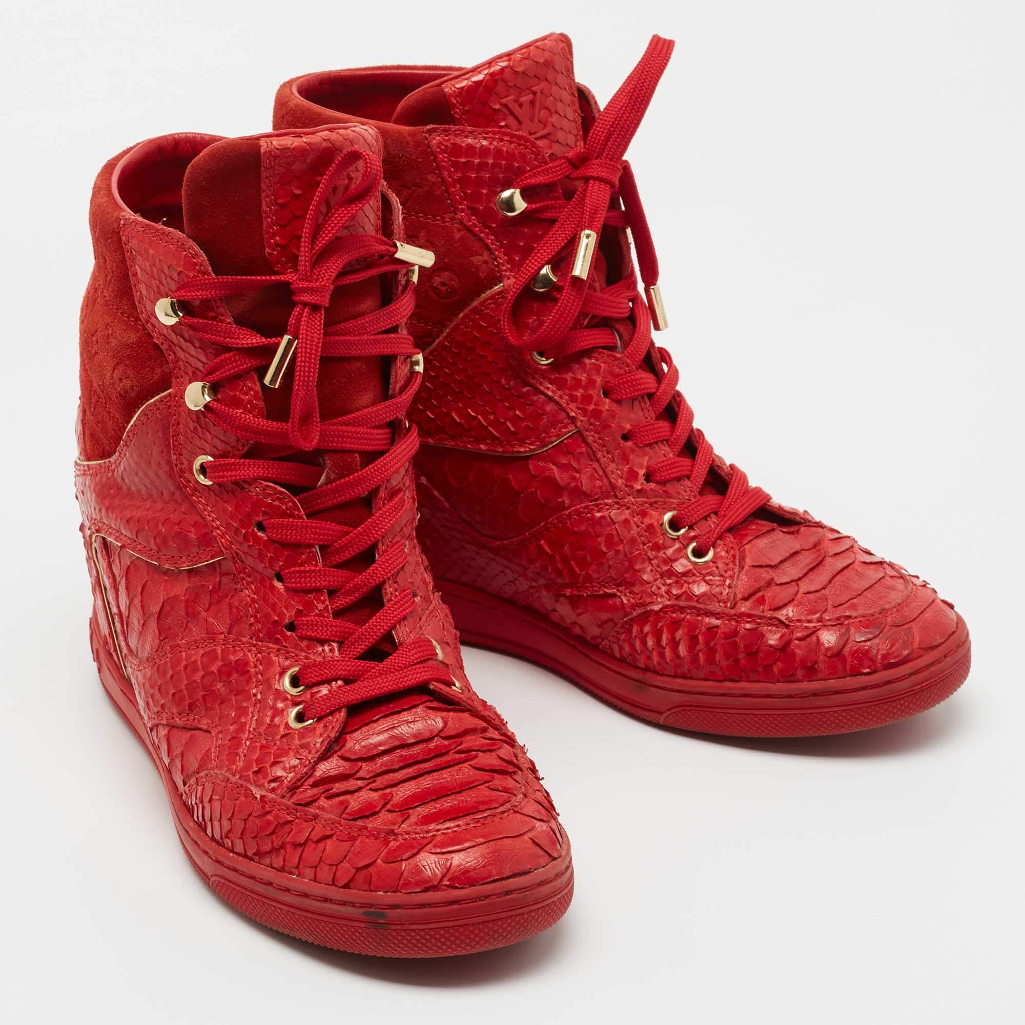 Louis Vuitton Red Monogram Suede And Python High Top Sneakers Size