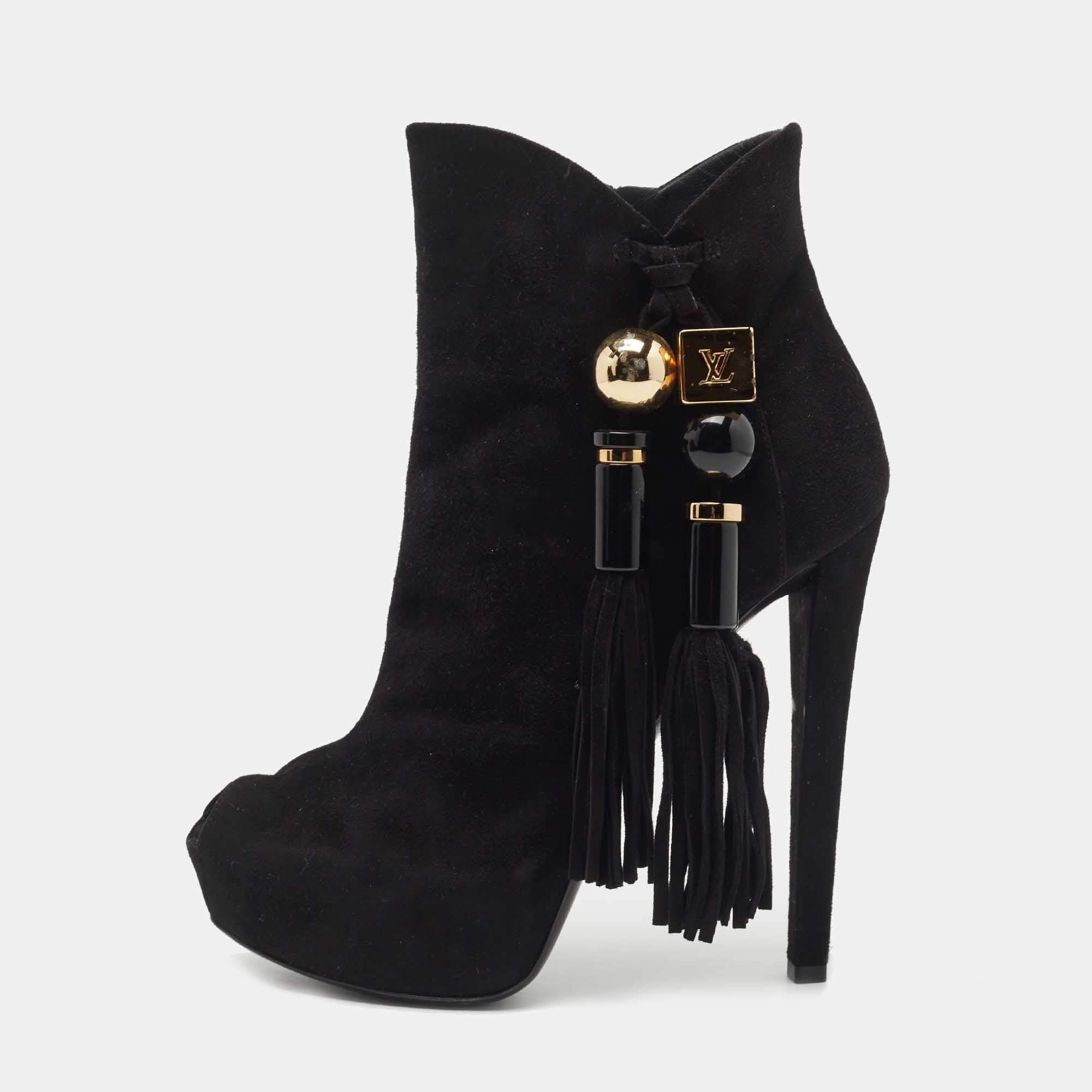 Pre Owned Louis Vuitton Black Suede Tassel Peep Toe Ankle Booties Size 38 