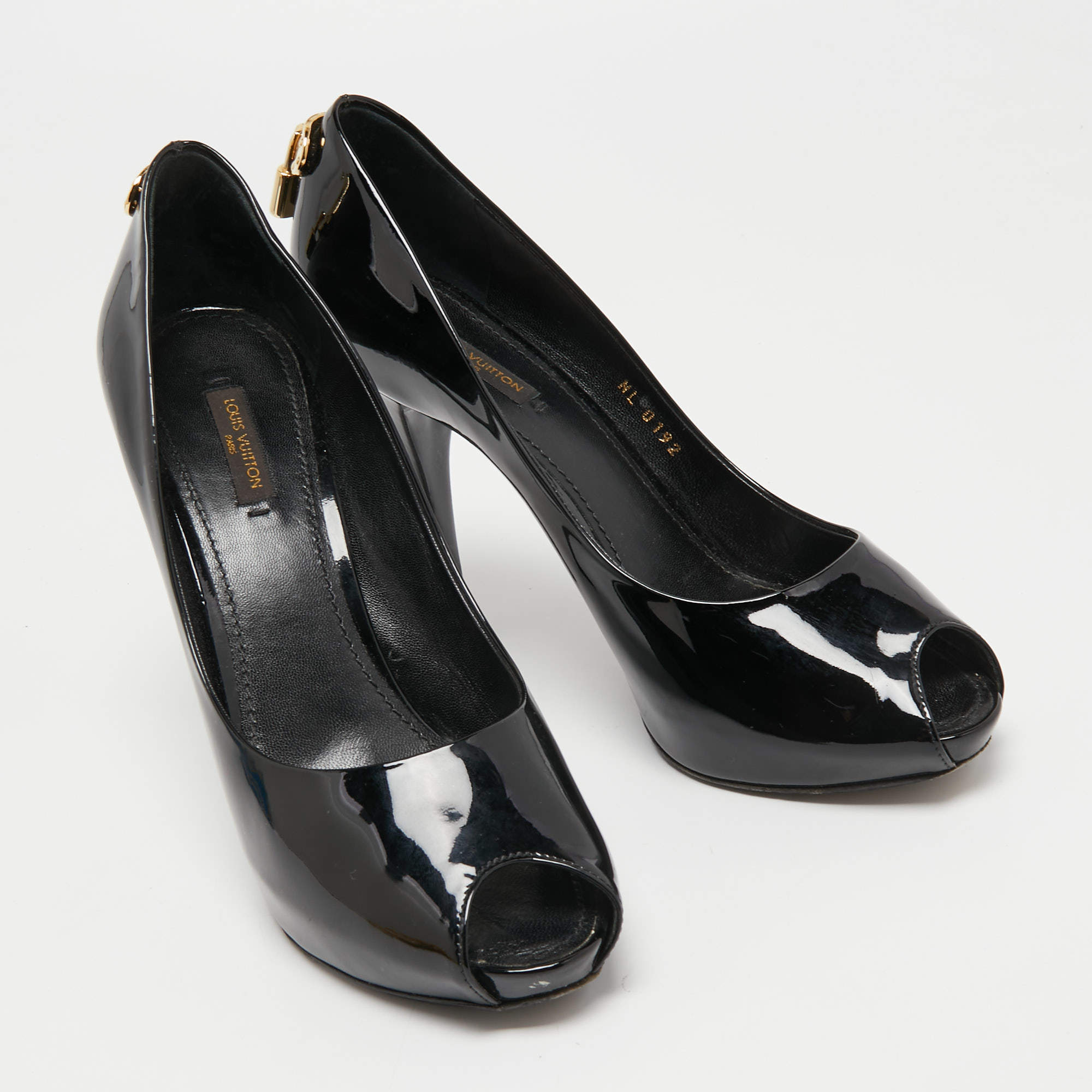 Louis Vuitton LV Logo LockIt Black Patent Leather Oh Really Heels