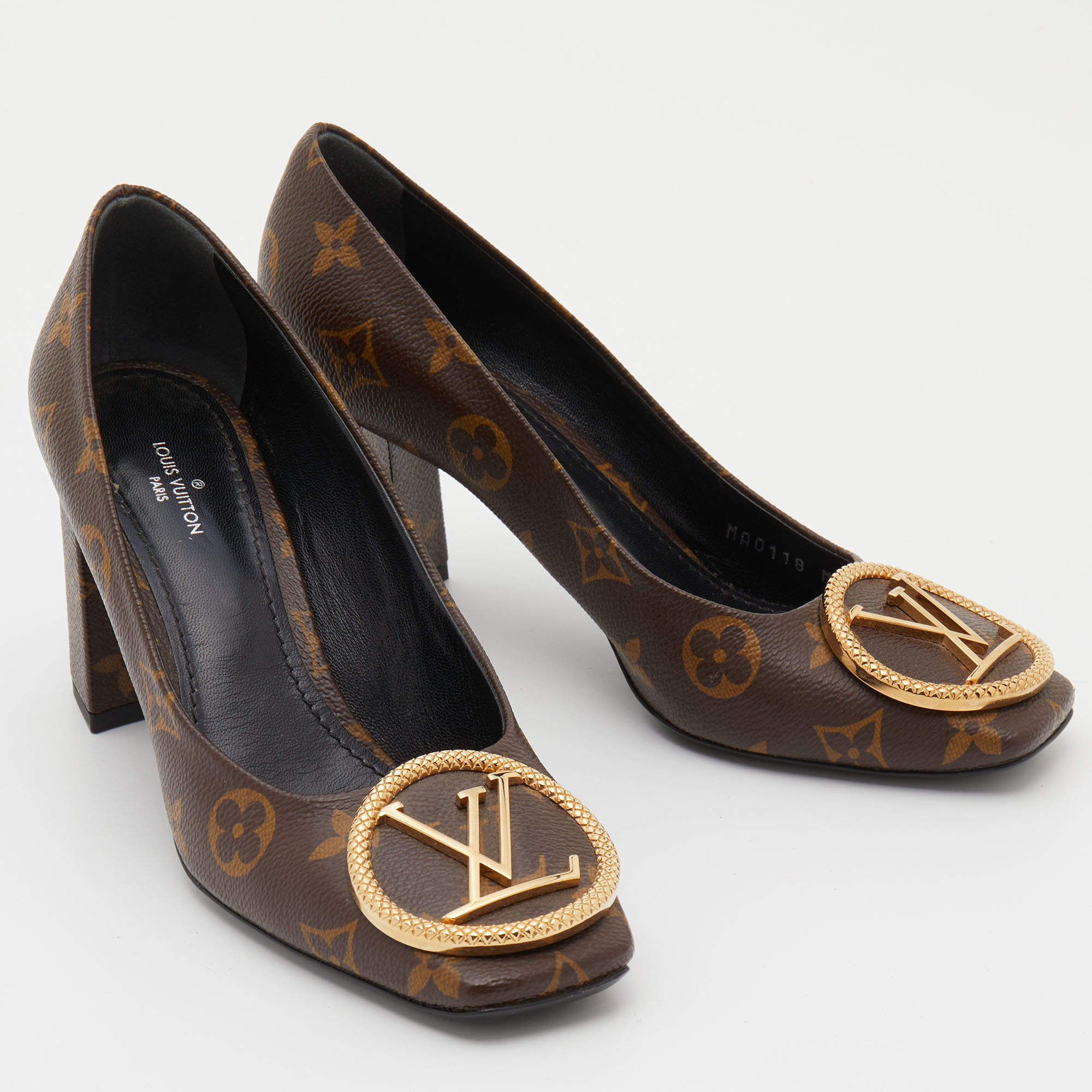 Louis Vuitton Black Patent Leather Madeleine Logo Block Heel Pumps Size 41  at 1stDibs