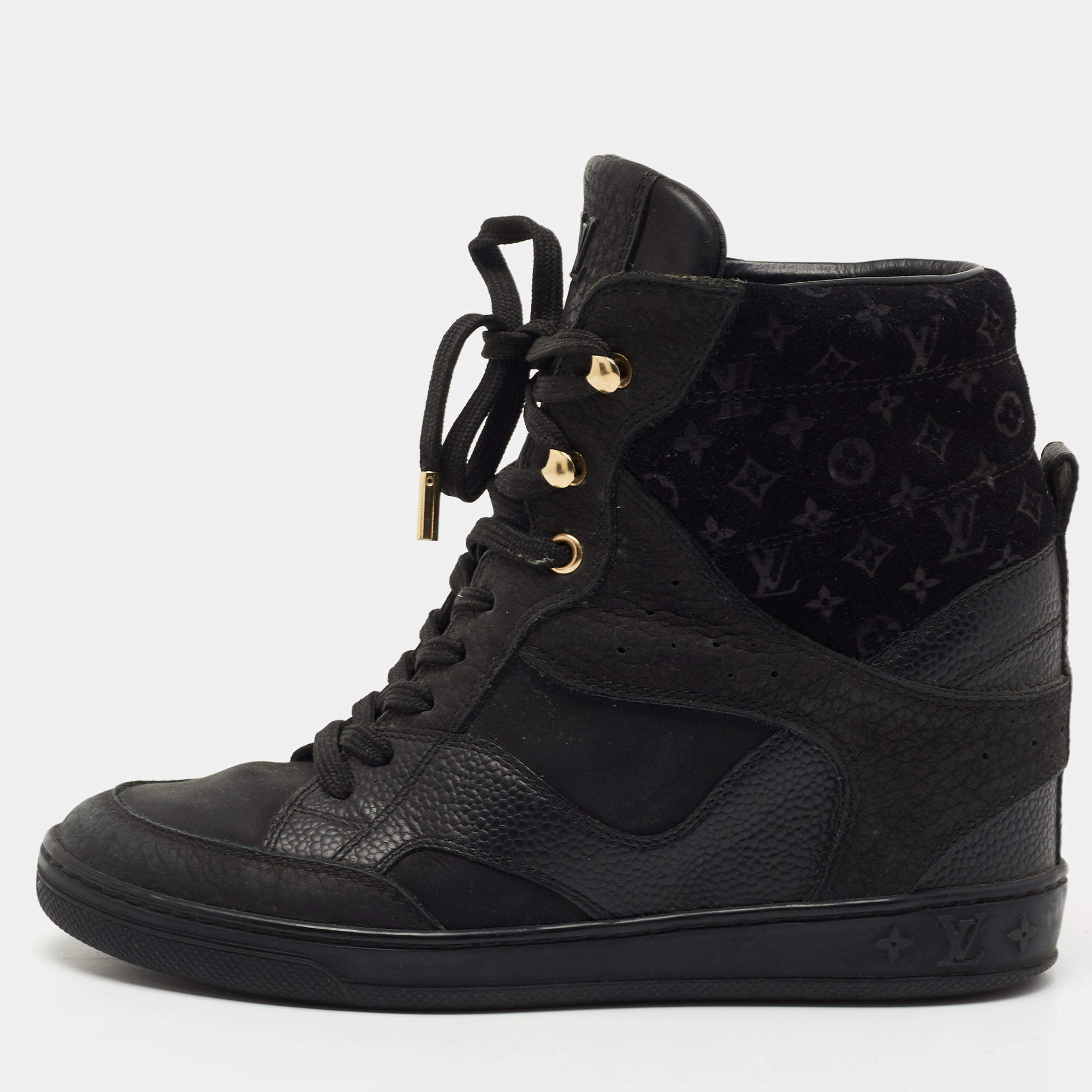 Louis Vuitton Black Leather and Nubuck Wedge Sneakers Size 35 