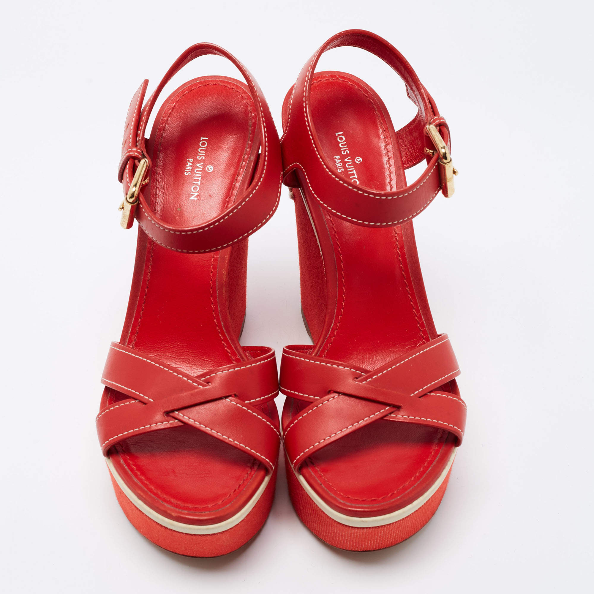 Louis Vuitton Red Leather Platform Ankle Strap Sandals Size 36 Louis Vuitton